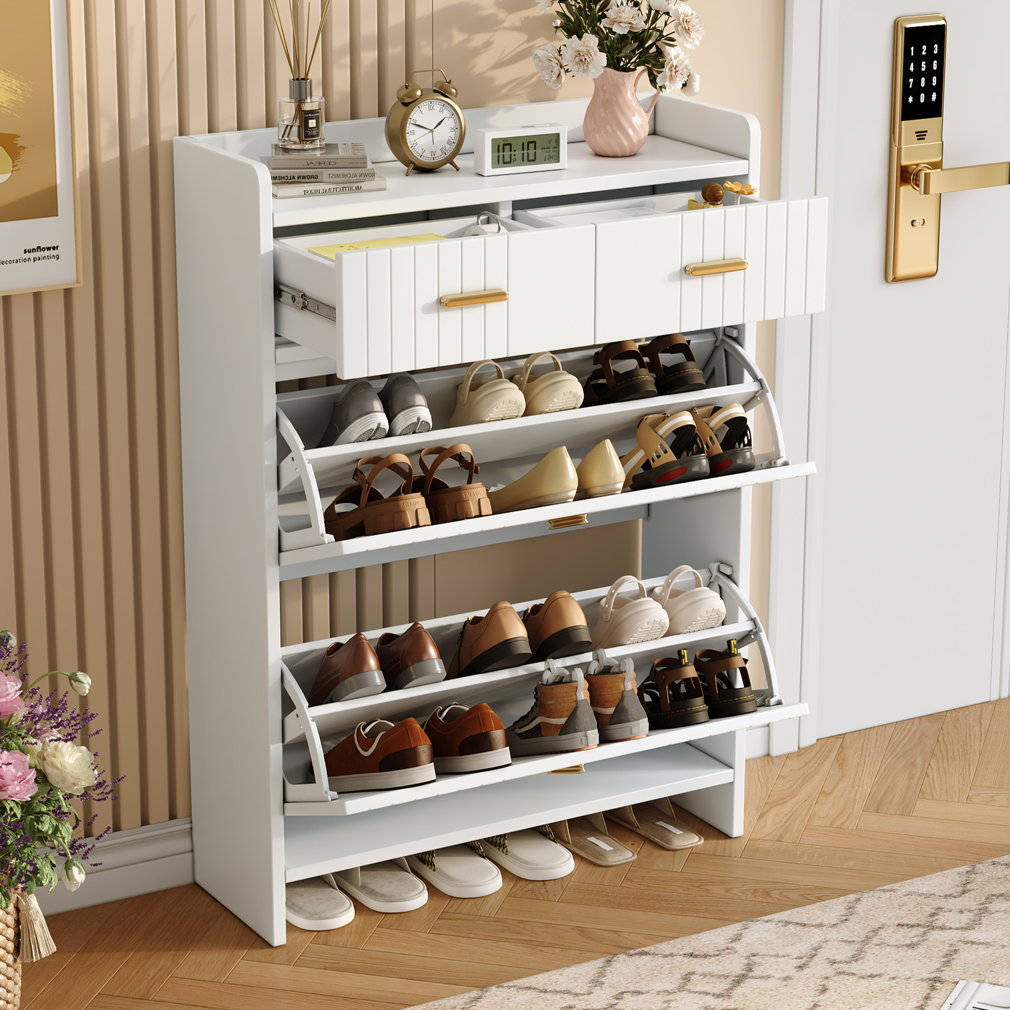 Schuhschrank Mit Klappfächern Und 2 Schublade, 75 × 24 × 108, Weiß