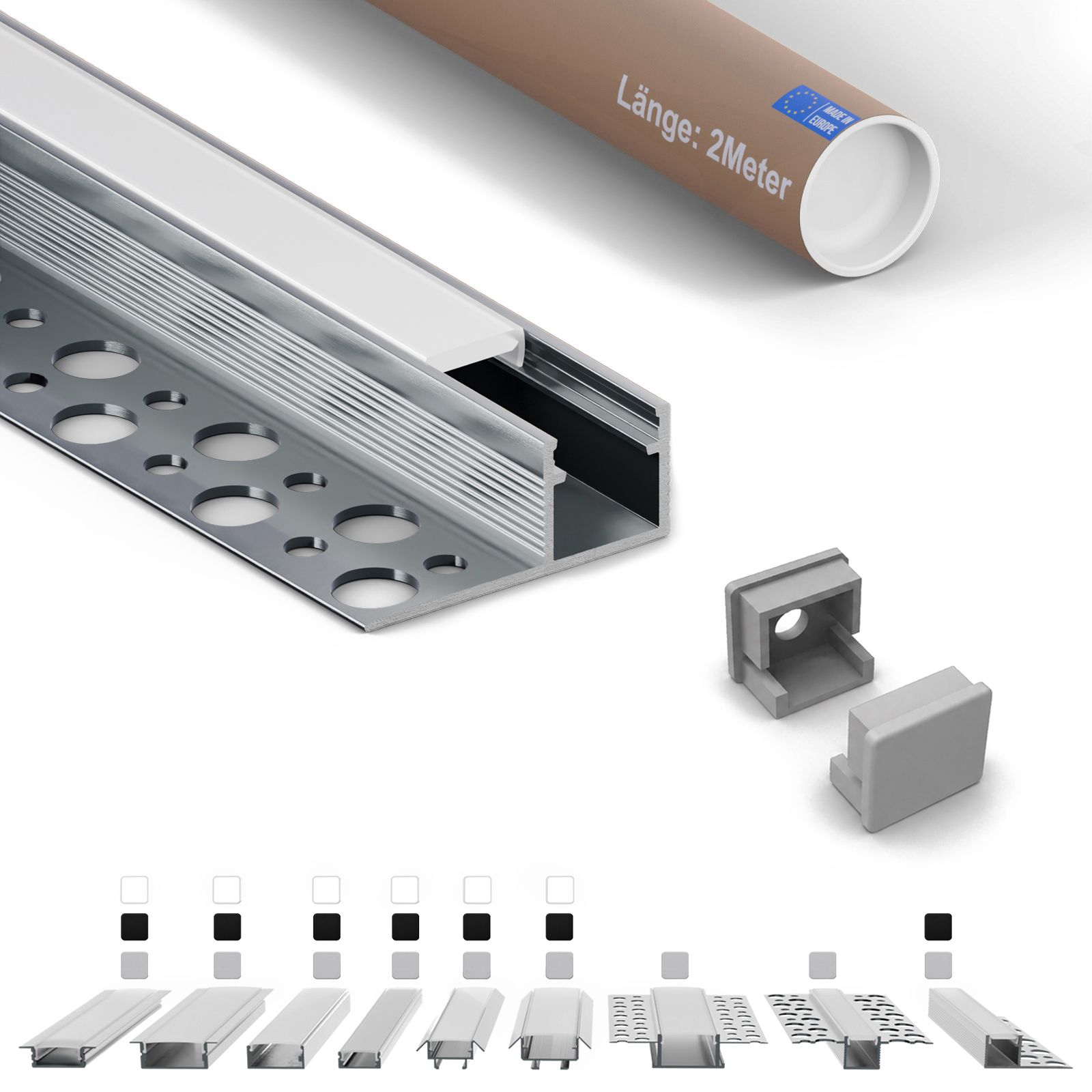 Led-abschlussprofil F2 Für Fliesen 2 M Silber Für Led-streifen Bis 8 Mm Inkl. Milchiger Abdeckung