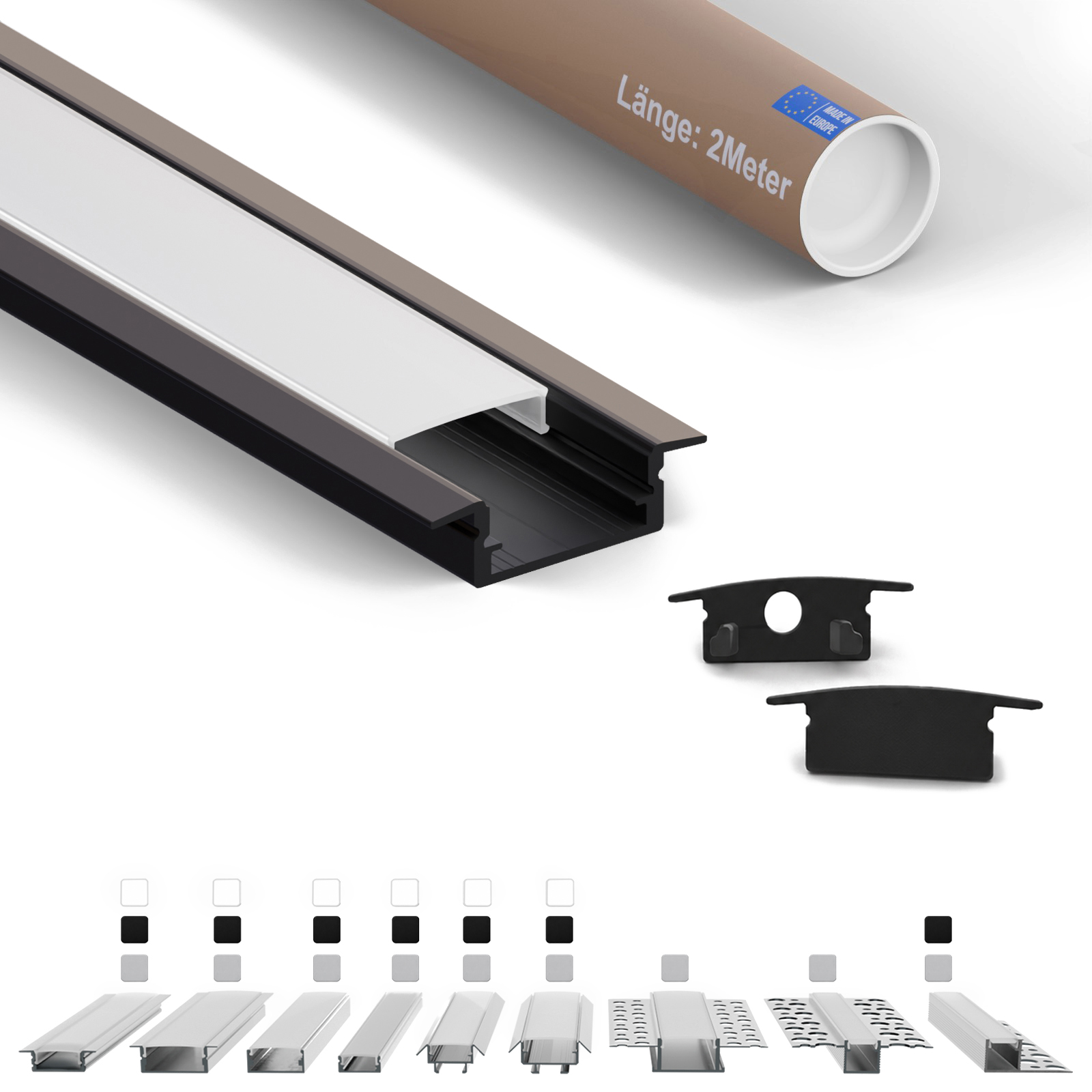 Led-einbauprofil Ef 2 M Schwarz Für Led-streifen Bis 12 Mm Inkl. Milchiger Abdeckung