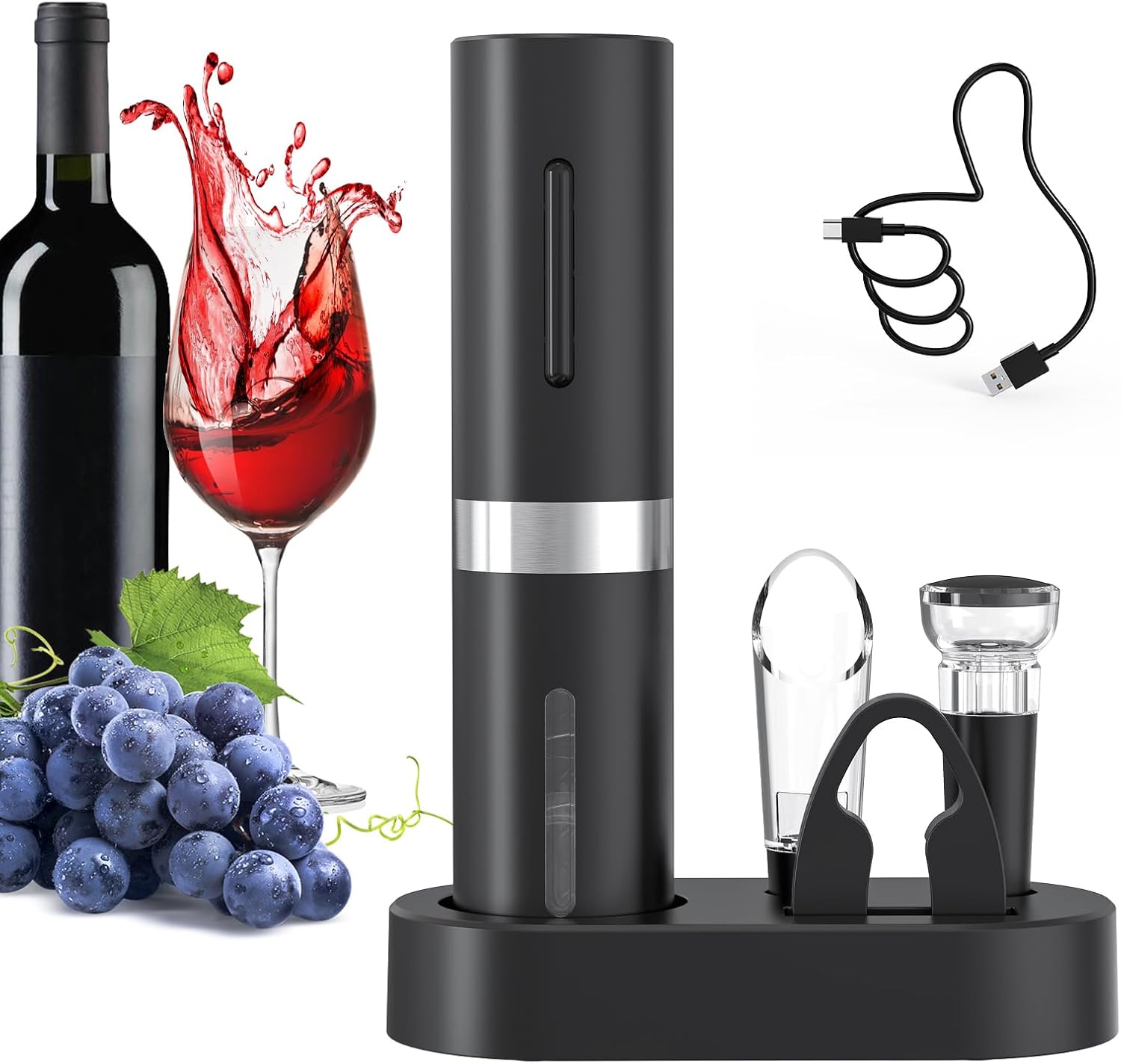 5-in-1-geschenkset Mit Wiederaufladbarem Elektrischem Flaschenöffner, Ladestation, Folienschneider, Weinbelüfter, Weinstopper Und Usb-kabel