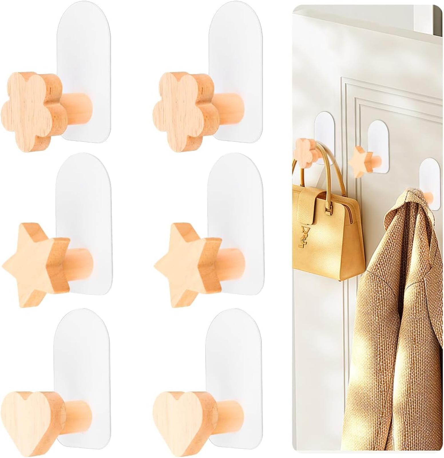 Set Mit 6 J-förmigen Wandhaken Aus Holz Und Metall, Selbstklebend, Kein Bohren Erforderlich, 6 Haken, Rustikaler Stil