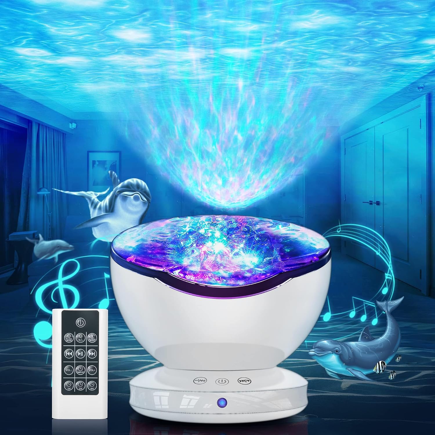 Led-projektorlampe Mit Meereswellen-simulation, Kindernachtlicht Mit 8 Farbmodi, 6 Musiktönen, Fernbedienung, Timer, Nachttischlampe Für Die Babyzimmerdekoration