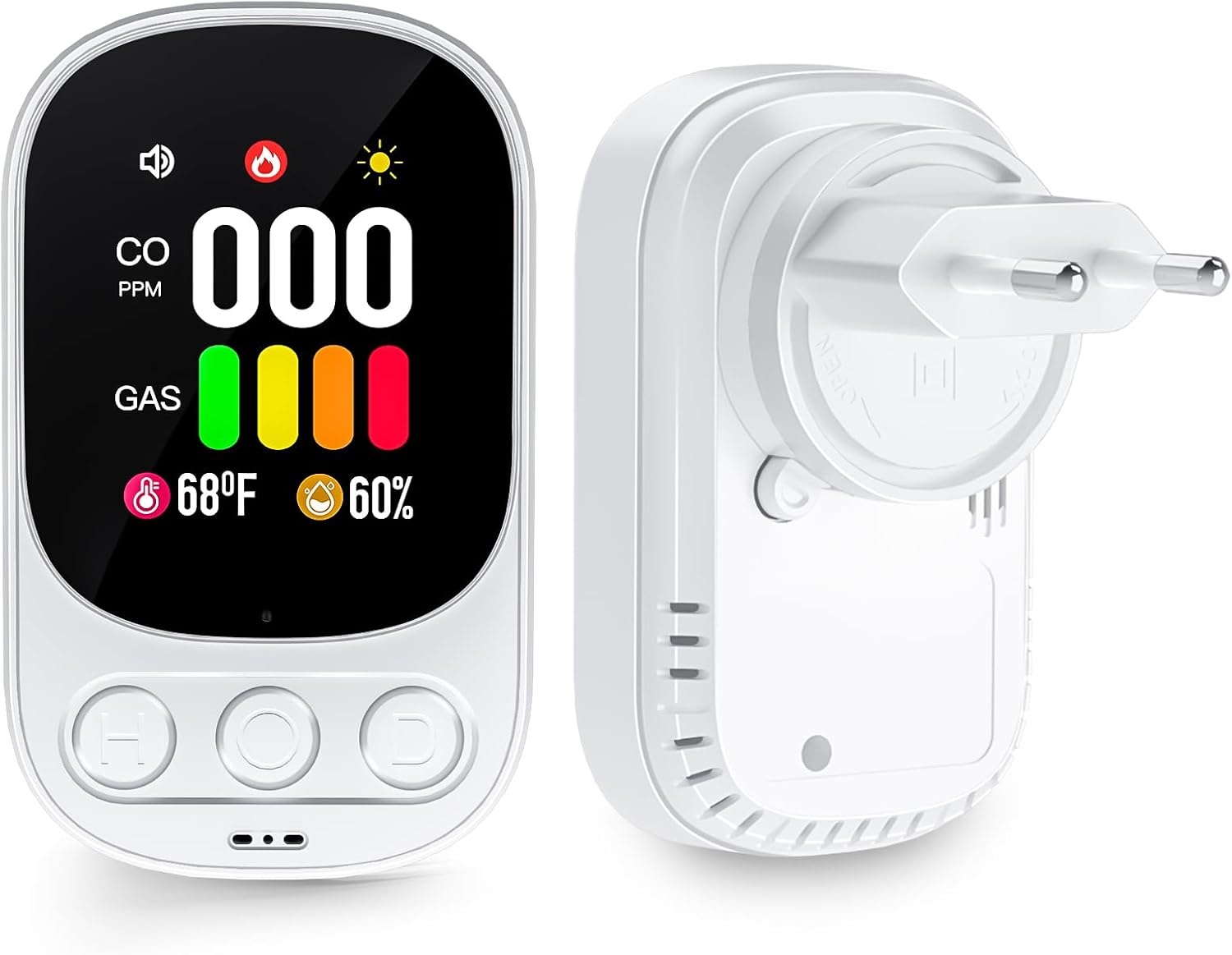 4-in-1-steckdosenmelder Für Kohlenmonoxid, Brennbare Gase, Luftfeuchtigkeit Und Temperatur. Akustischer Alarm, Lcd-display, Integrierter Akku, Entspricht Der Norm En50291, Weiß.