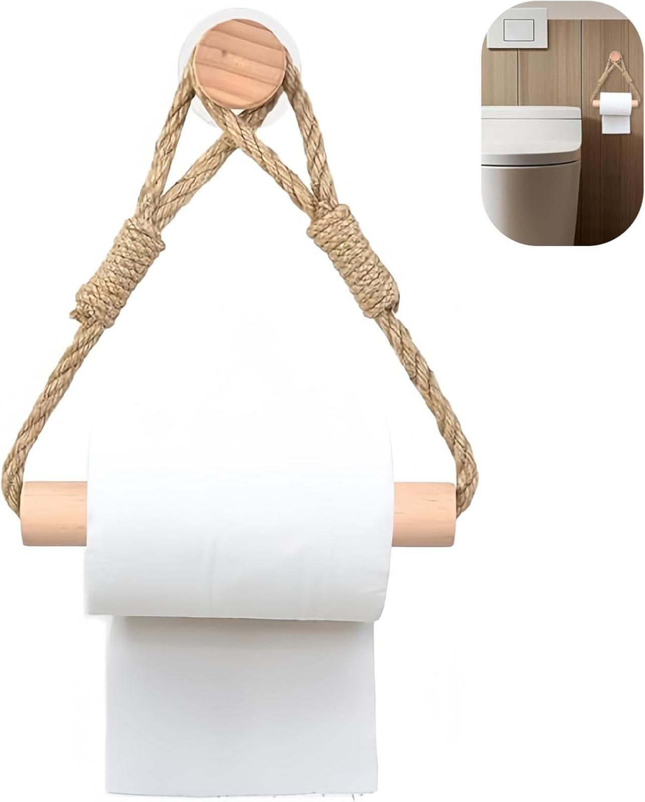 Selbstklebender Toilettenpapierhalter Aus Juteseil Und Holz, Wandmontierter Toilettenpapierspender Aus Holz