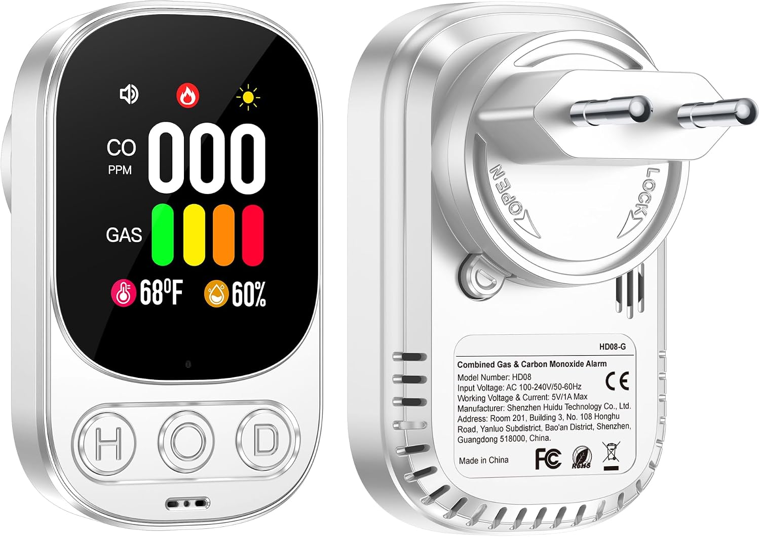 Gas- Und Kohlenmonoxidmelder Mit Stecker Für Zuhause, Co-alarm, Brenngasmelder Für Erdgas, Flüssiggas, Methan, Propan, Butan, Weiß, Hd08-g