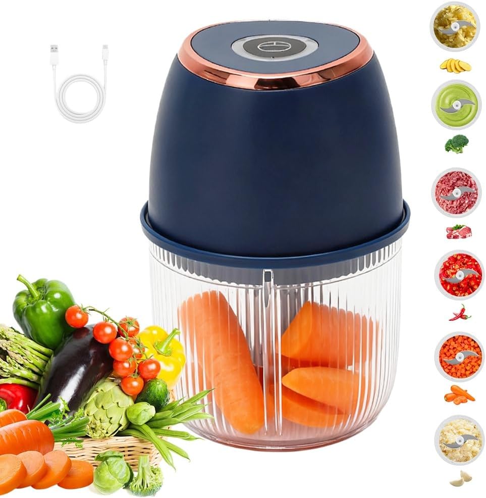 Elektrischer 350-ml-zerkleinerer, Tragbarer, Kabelloser, Wiederaufladbarer Usb-typ-c-mixer, Mini-gemüseschneider Mit 6 Edelstahlklingen Für Zwiebeln, Knoblauch, Fleisch, Gemüse Und Obst (blau)