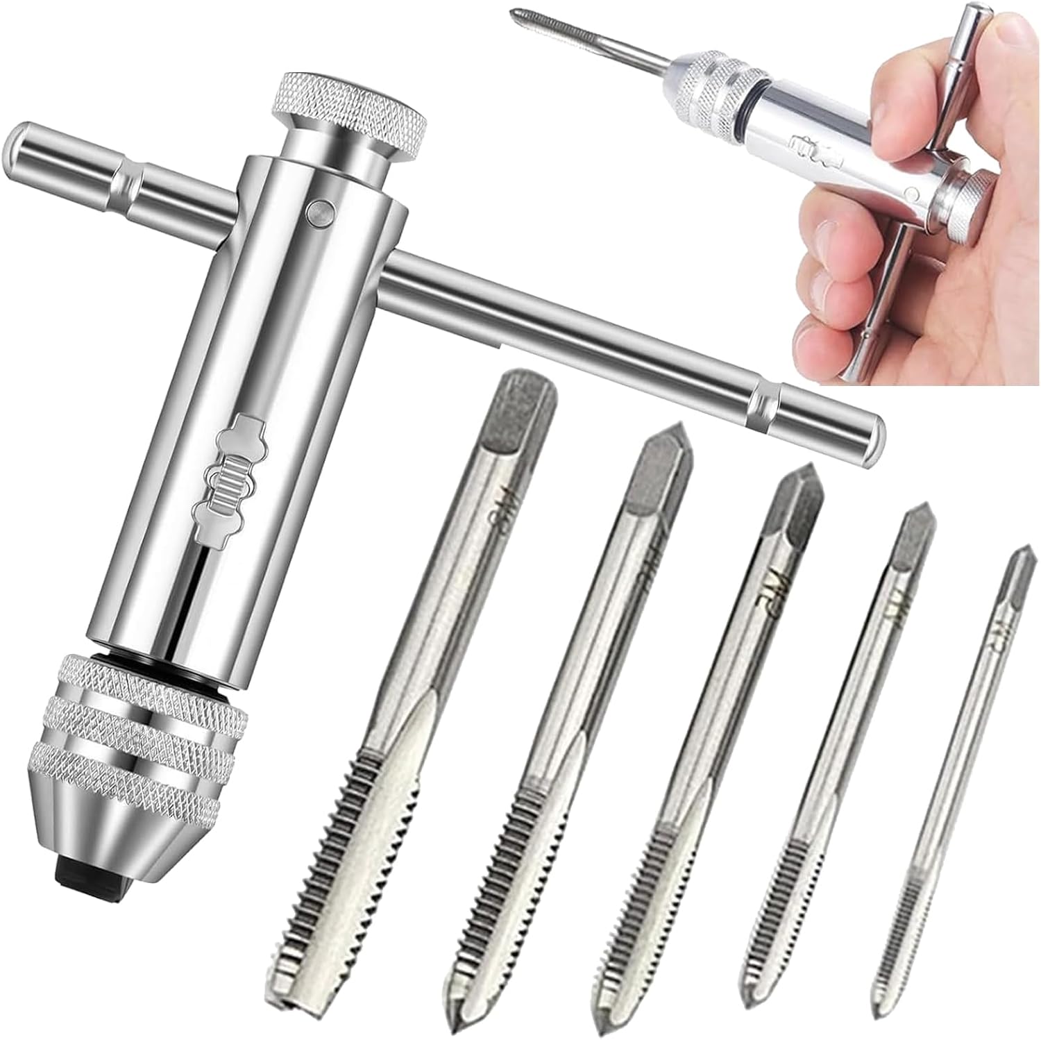 6-teiliges Gewindeschneidset, Linksgewindebohrer, 1 X T-griff-gewindebohrer + 5 X Handgewindebohrer, M3, M4, M5, M6, M8, Verstellbarer Gewindebohrer, Für Hss-t-griff-gewindebohrer