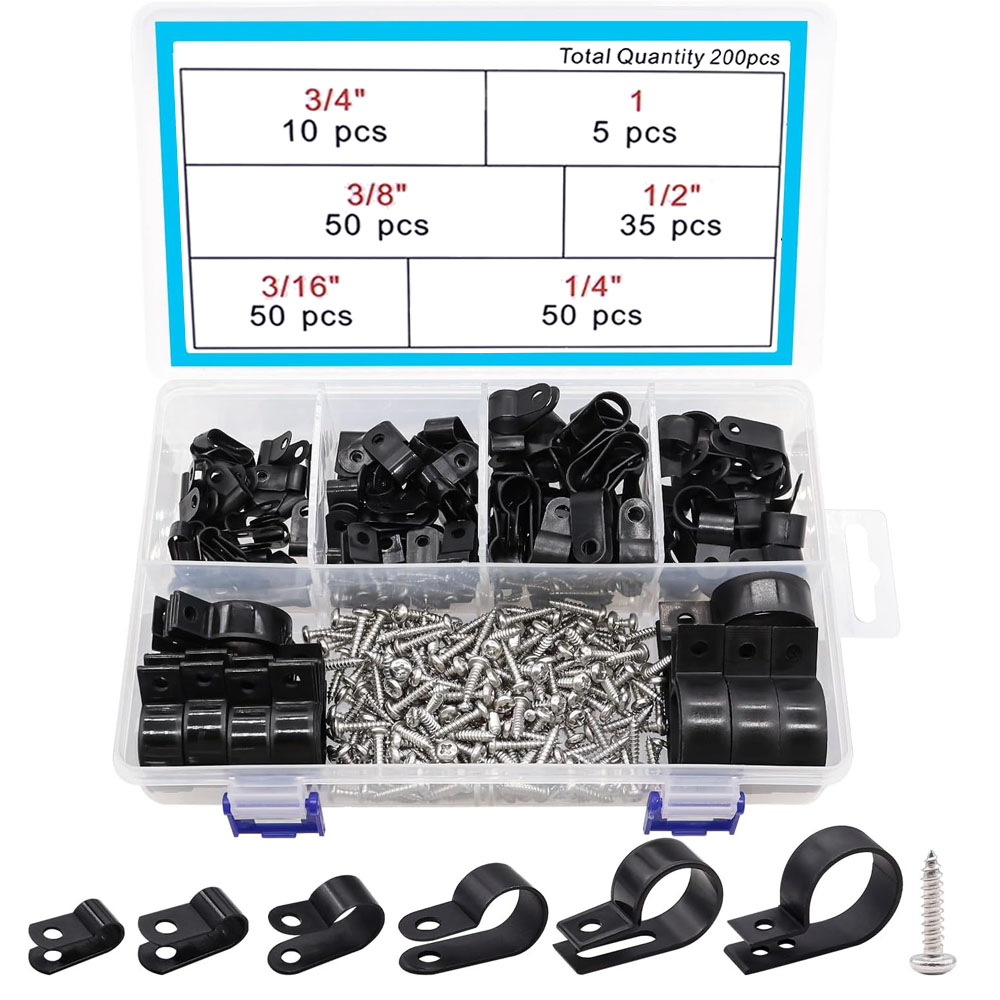 200 Stück Schwarze Kabelbinder Aus Nylon Und Kunststoff, Typ R, 6 Größen: 3/16", 1/4", 3/8", 1/2", 3/4", 1". Kabelbefestigungs-kabelclip-sortiment Mit Schrauben Für Das Kabelmanagement H-049