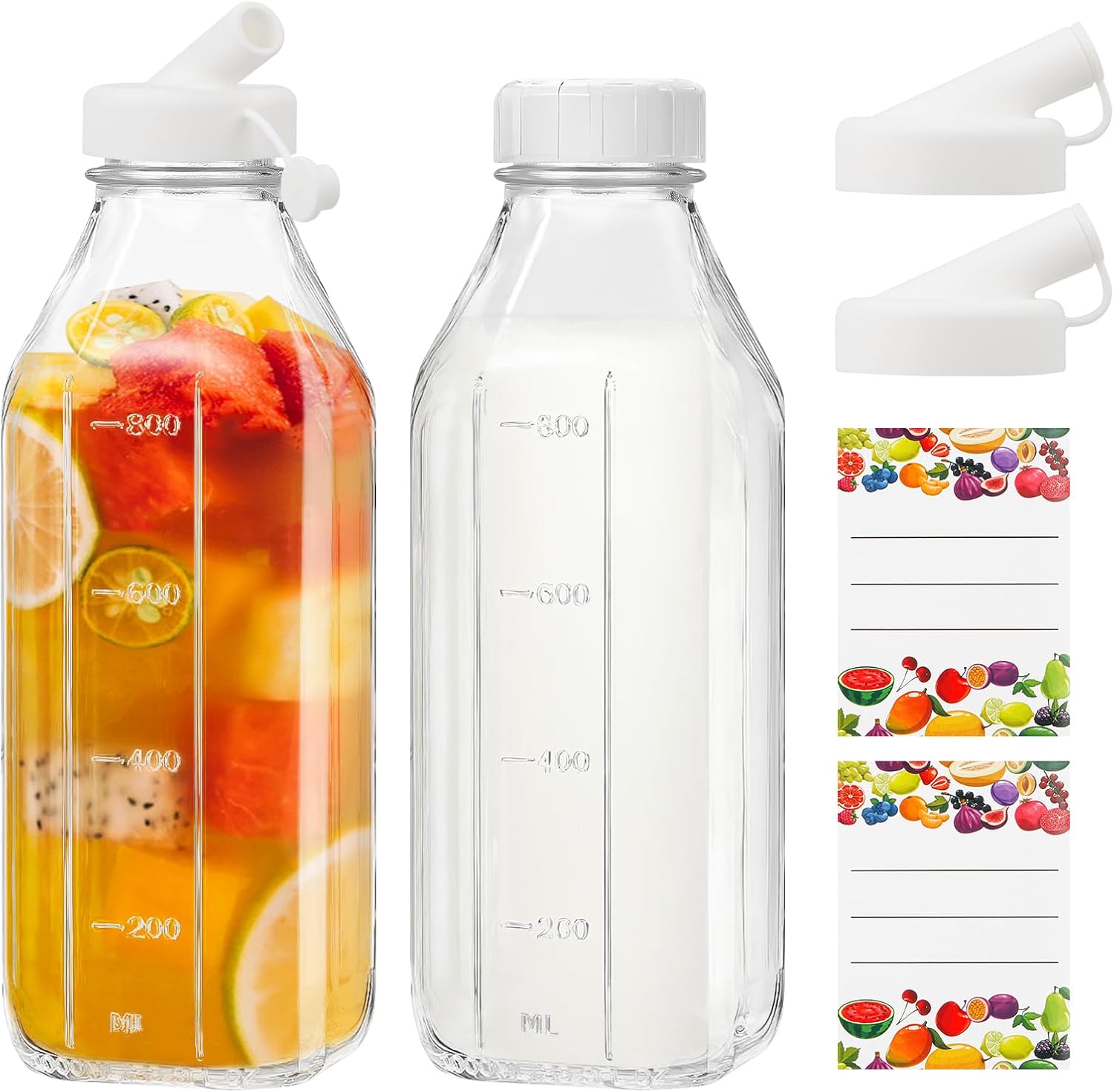 Set Aus 2 Wiederverwendbaren 1-liter-glasflaschen Mit Deckeln Und Aufklebern, Ideal Für Frische Milch, Smoothies, Säfte, Kombucha Und Honig.