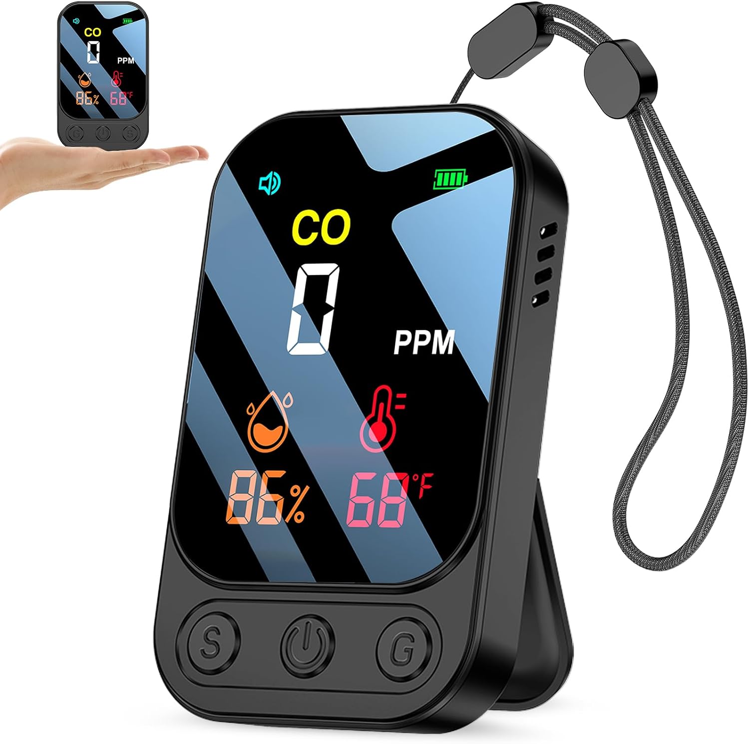 Yojock Wiederaufladbarer Kohlenmonoxidmelder, 3-in-1 Tragbarer Co-alarm (kohlenmonoxid, Temperatur, Luftfeuchtigkeit), Für Zuhause, Camping Und Wohnwagen (schwarz)