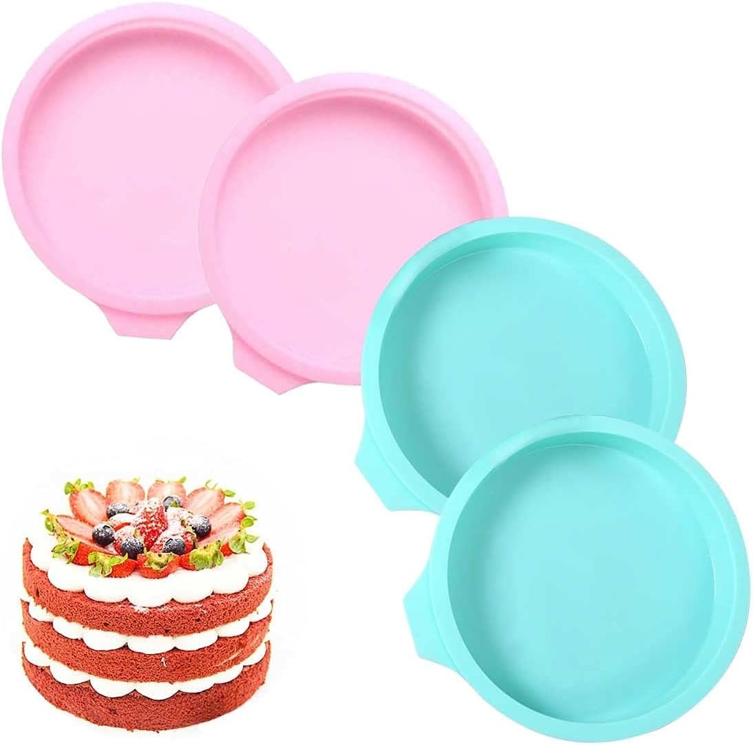 Set Mit 4 Runden Silikon-kuchenformen, Auslaufsicher, Antihaftbeschichtet, 20 Cm, Rosa Und Grün