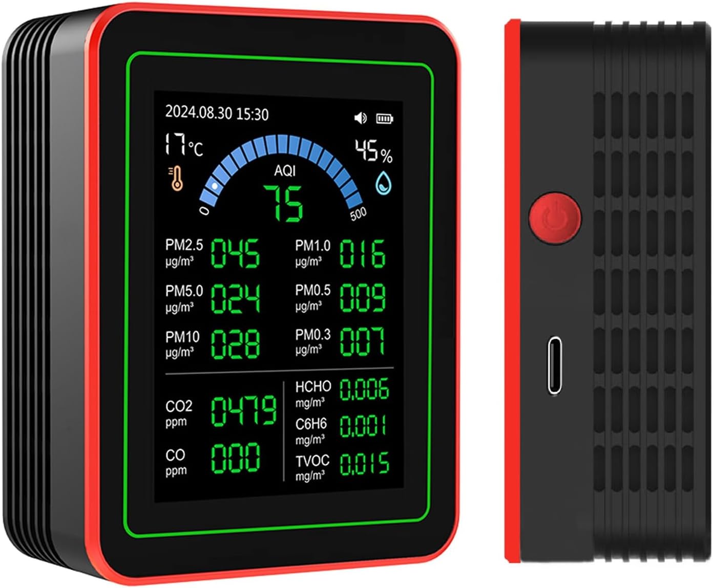 Tragbares Luftqualitätsmessgerät, 18-in-1-tester Für Co2, Tvoc, Hcho, Pm2,5 Und Pm10, Batteriebetrieben, Für Den Innenbereich, Schwarz, Für Zuhause, Büro Und Auto