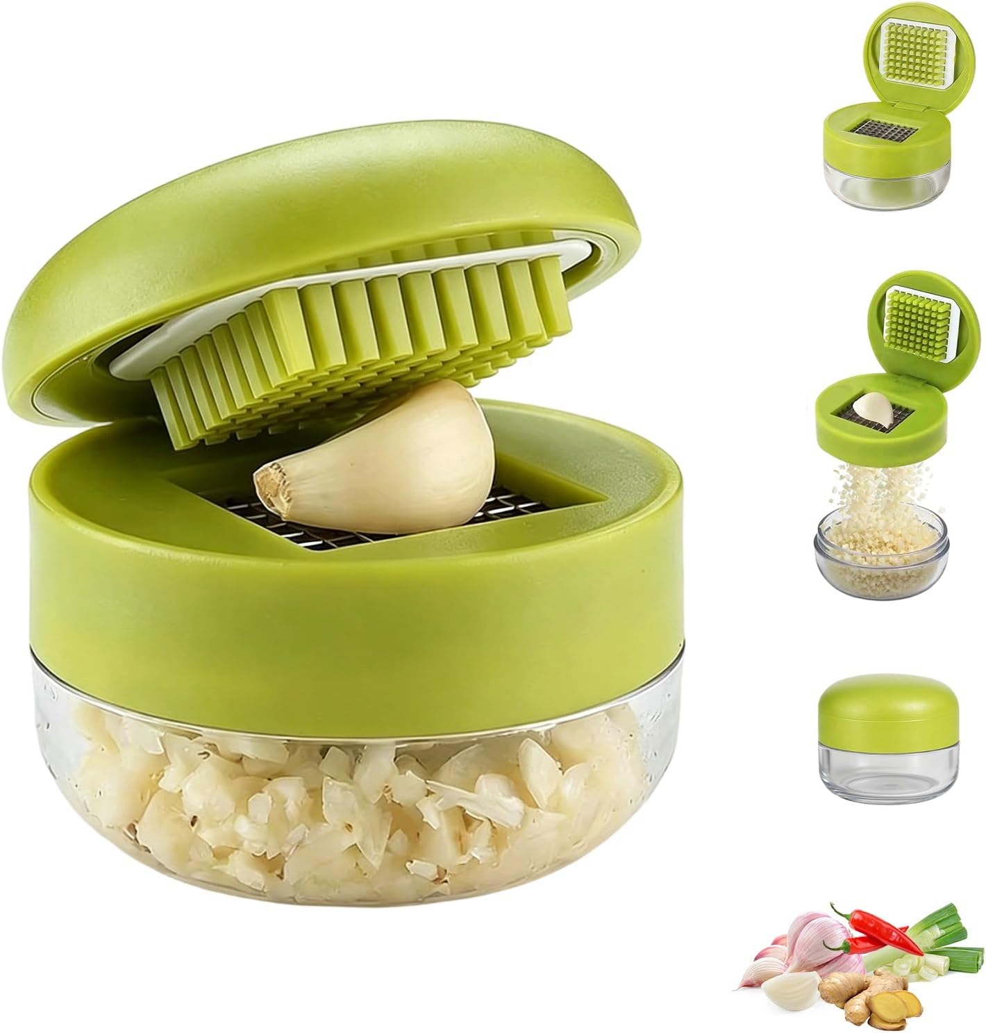 Mini-knoblauchschneider Und -presse Mit Behälter, Knoblauchmühle, Müheloser Pressmechanismus, Edelstahl, Für Knoblauch, Ingwer, Schalotten Und Chilischoten (1 Stück)
