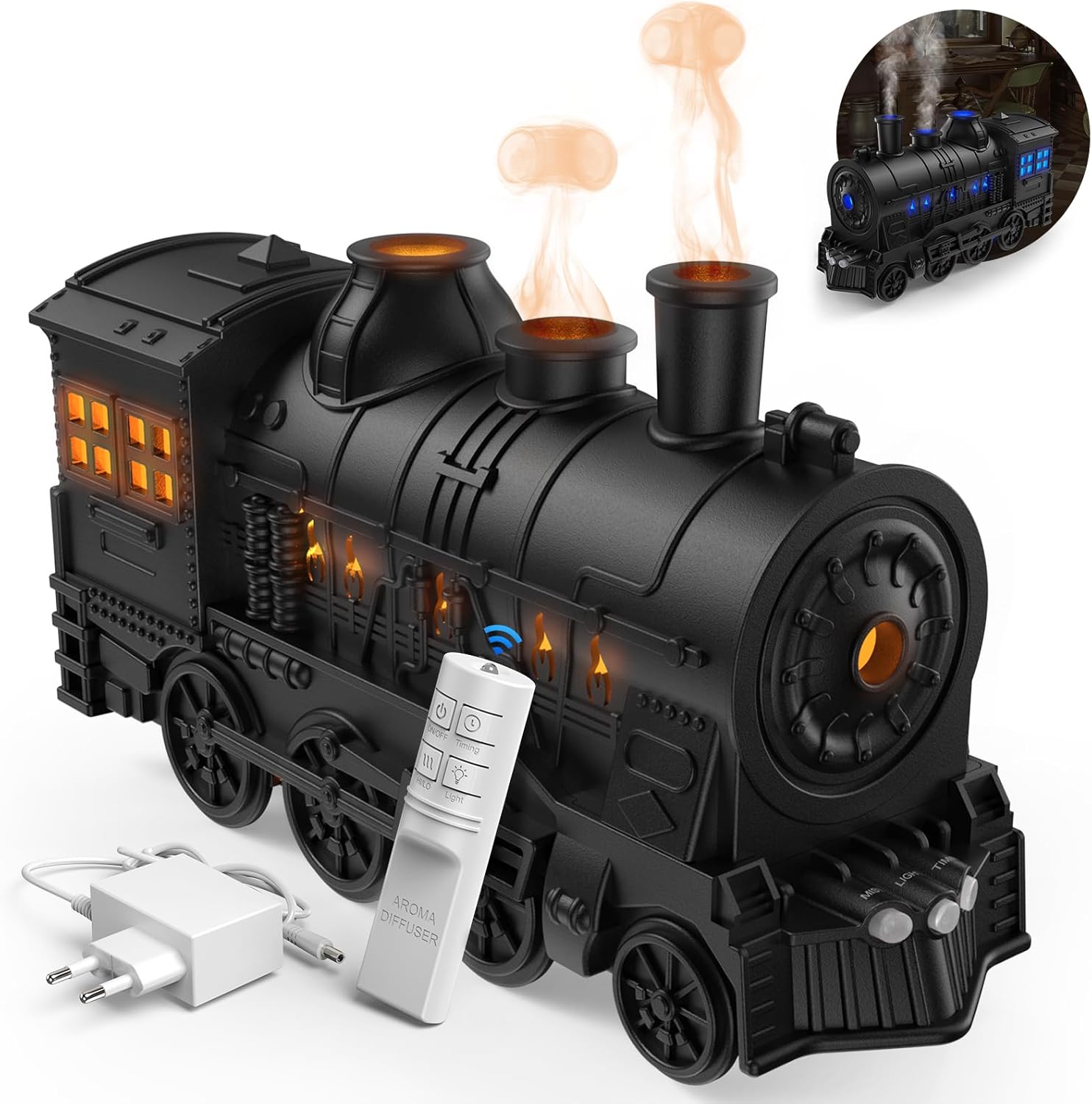 Jeebel Aroma-diffusor Für Ätherische Öle – 300-ml-mini-luftbefeuchter In Zugform, Mit Flammeneffekt, Fernbedienung, Timer Und Netzteil – Aromatherapie Für Schlafzimmer Oder Büro