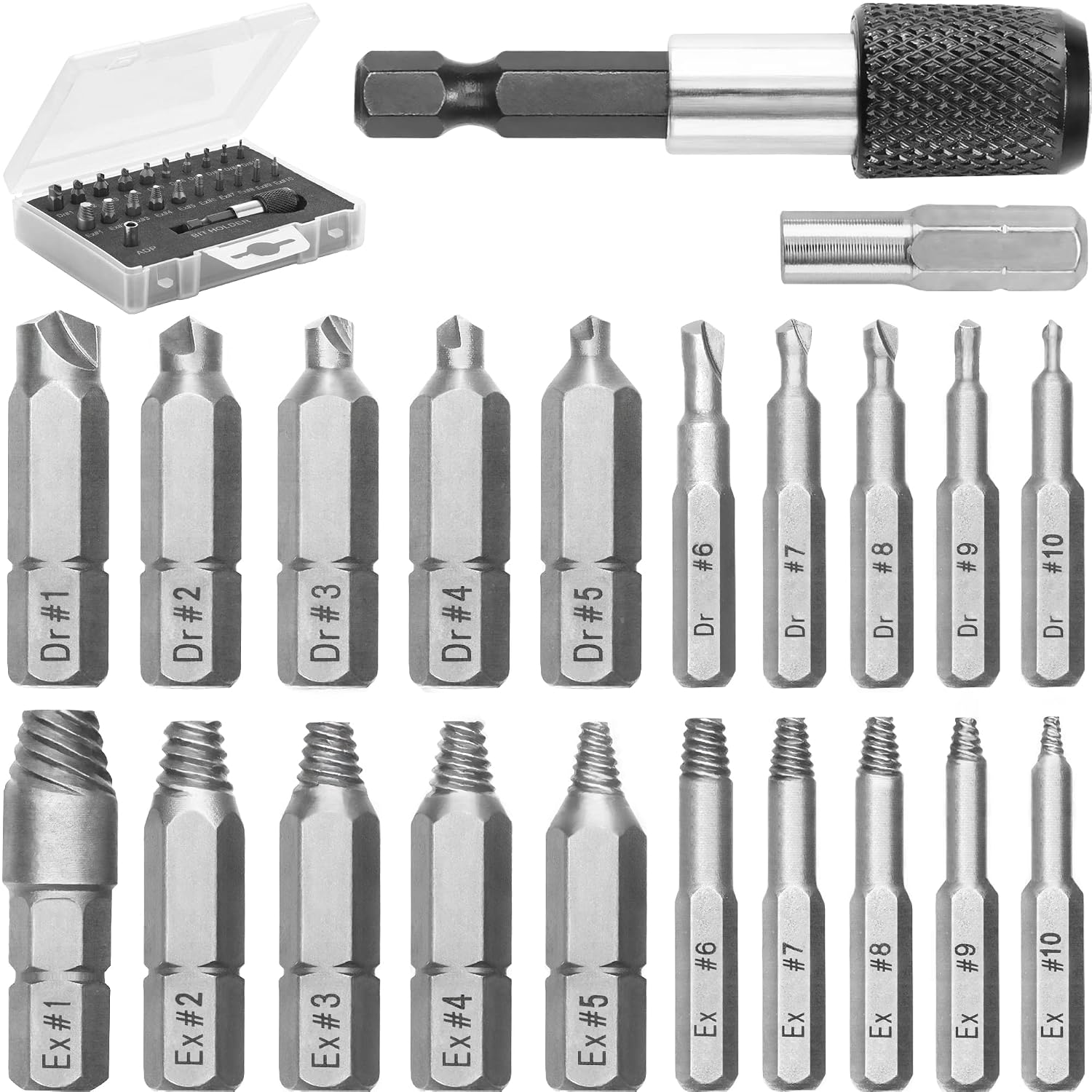 22-teiliges Schraubenausdreher-set, Silber – Demontage-set Mit Bohrern, Ausdrehern, Bitverlängerung Und Steckschlüsseladapter