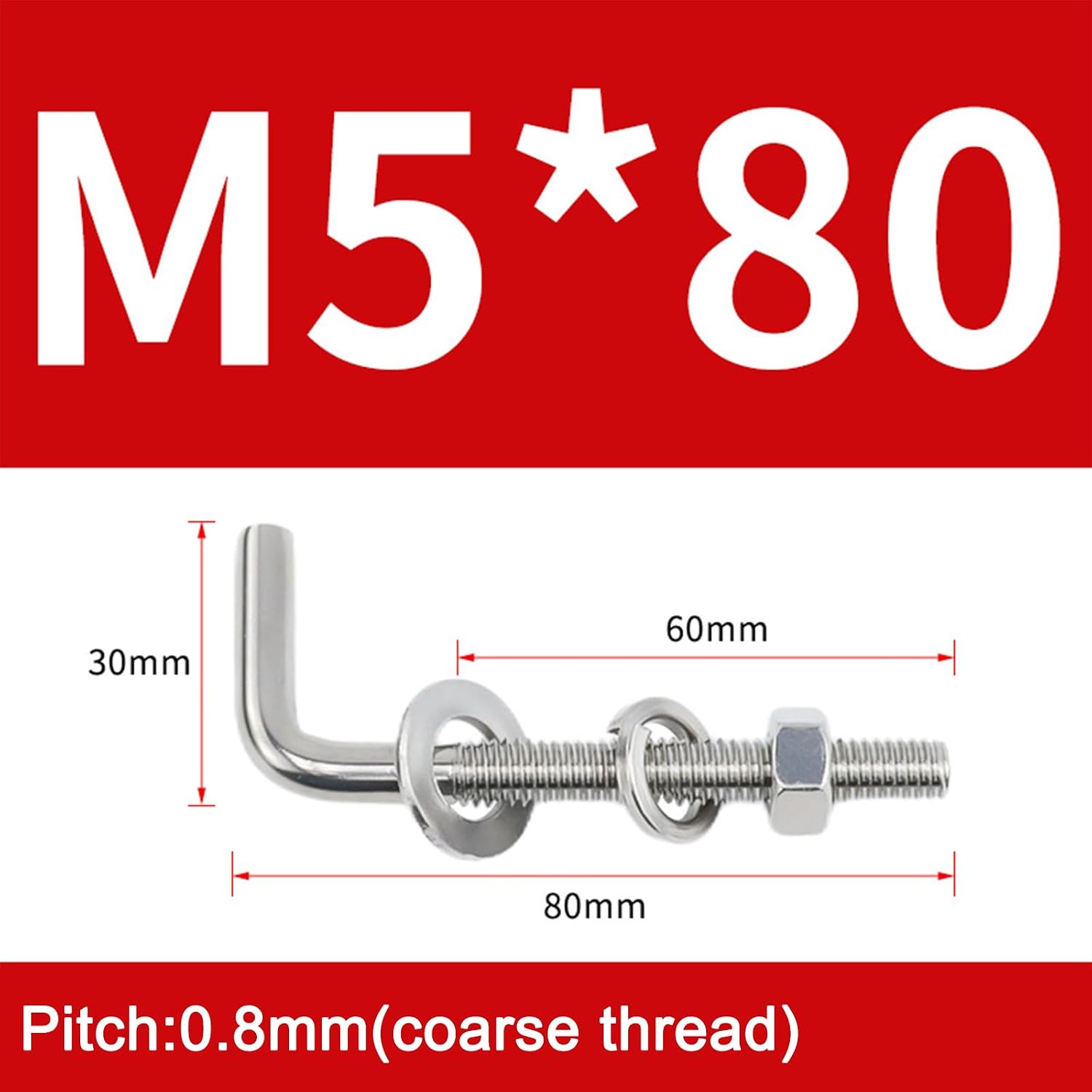 Packung Mit 20 M5 X 80 Mm L-förmigen Gewindebolzen Aus Edelstahl 304 Für Fundamente, Anker, Vierkantschrauben Und Aufhängehaken