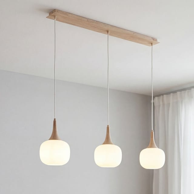 Hängeleuchte Metall Glas E14 H: Max. 150 Cm Holz Dunkel Weiß 3-flammig Länglich Modern Hängelampe