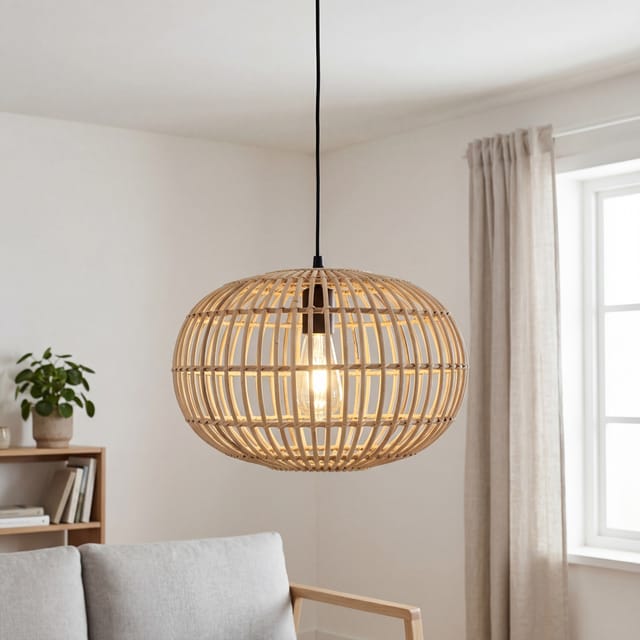 Hängeleuchte Holz Metall E27 Rund Ø 40 Cm H: Max. 150 Cm Schwarz Natur Modern
