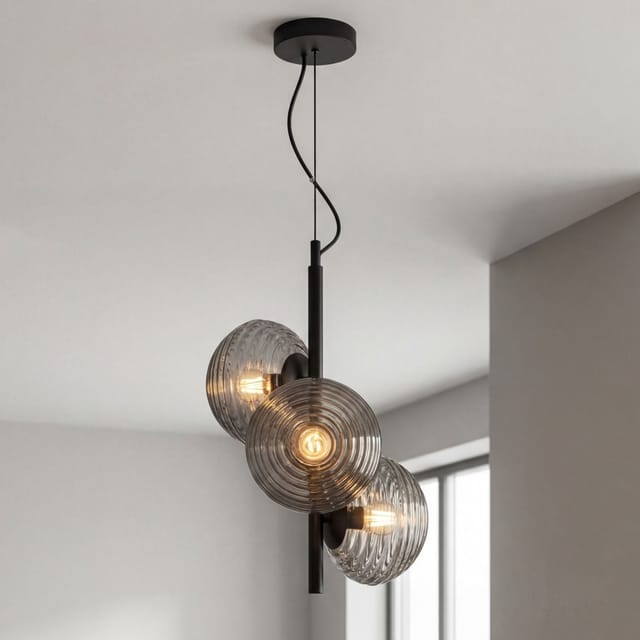 Pendelleuchte Rauchglas Metall E27 H: Max. 165 Cm Schwarz 3-flammig Modern Hängelampe