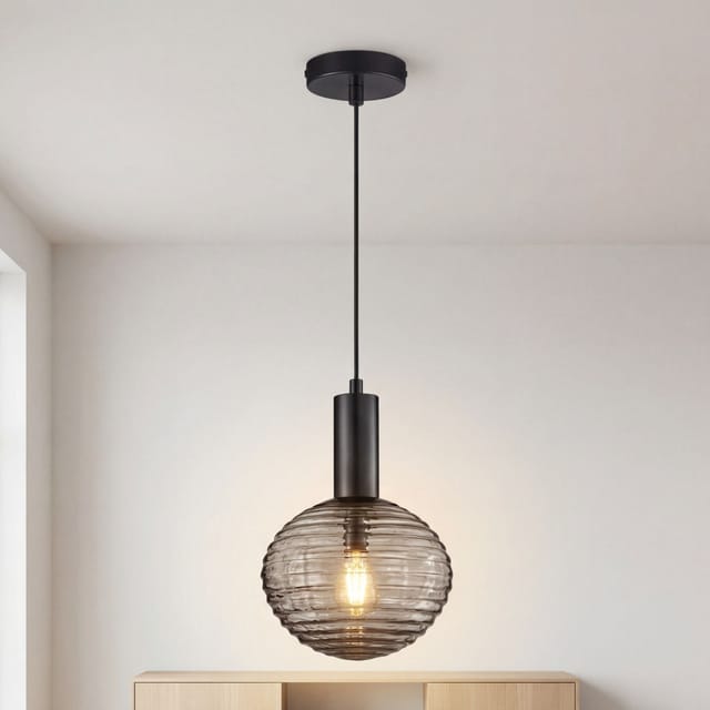 Hängeleuchte Metall Rauchglas E27 D: 18 Cm H: Max. 150 Cm Schwarz Rund Modern Pendelleuchte