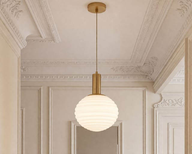 Hängelampe Metall Glas E27 Rund Ø 32 Cm H: Max. 150 Cm In Gold Weiß Modern