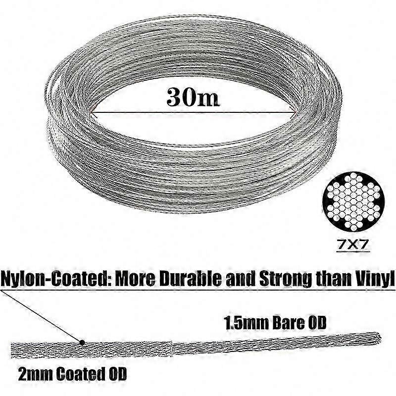 Vielseitige Aufhängevorrichtung: Aufhängeset Mit 30 M Beschichtetem Edelstahlseil, 2 Mm Kabel, Spannvorrichtung Und Haken Zum Aufhängen Von Wäscheleinen, Pflanzen Und Lichterketten.
