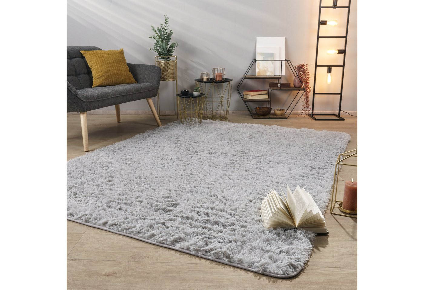 Teppich Wohnzimmer Hochflor Langflor Weich Soft Modernes Einfarbiges Design 60 Cm X 100 Cm X 37 Mm Hellgrau Rechteckig Bild 5