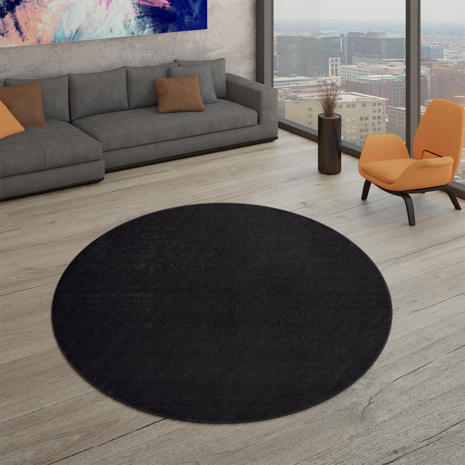 Wohnzimmer Teppich Kurflor Unifarbendes Design Modern Und Zeitlos 120 Cm X 120 Cm X 12 Mm Grau Schwarz Rund