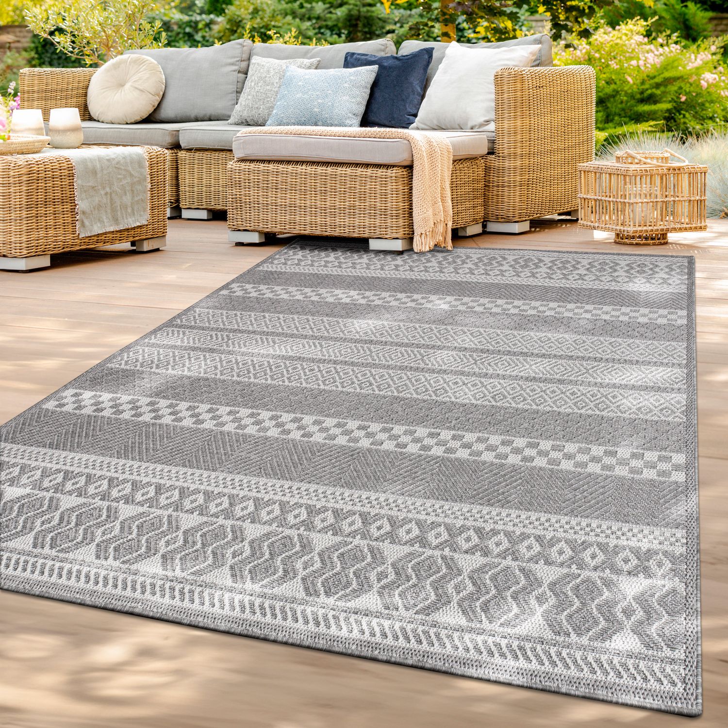 In-& Outdoor Teppich Wetterfest Balkon Küche Wohnzimmerteppich 200 Cm X 200 Cm Weiß-grau Rund