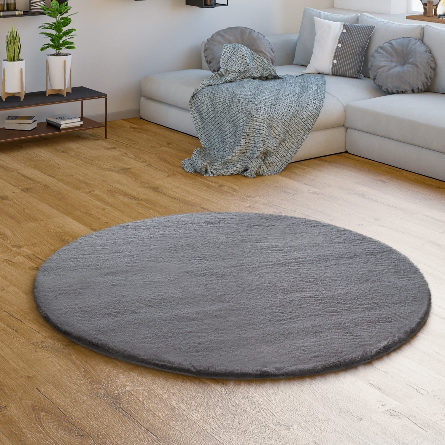 Hochflor Teppich Schlafzimmer Kunstfell Flauschig Kaninchenfell Imitat 160 Cm X 160 Cm X 26 Mm Anthrazit Rund