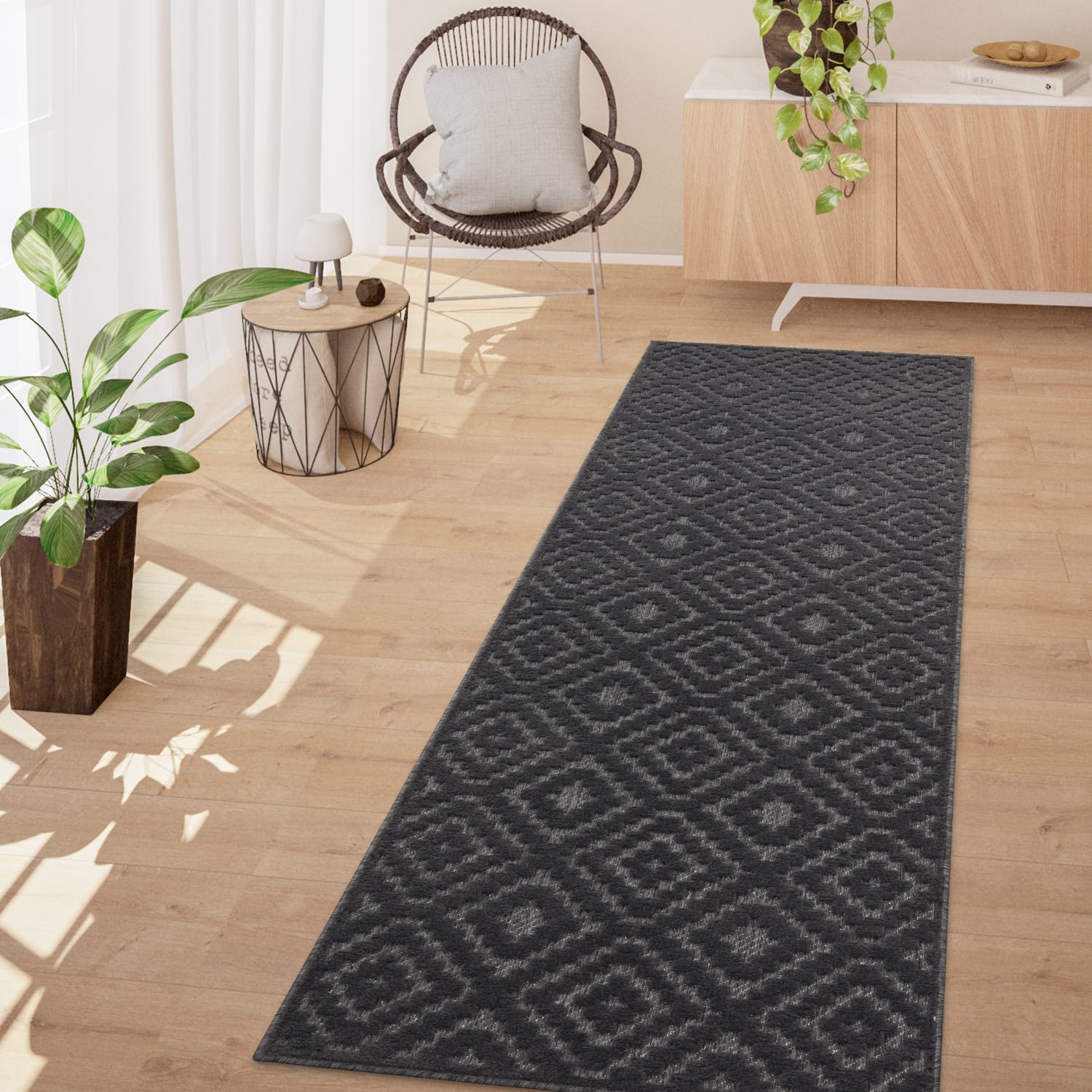 In-& Outdoor Teppich Esszimmer Wetterfest Balkon Skandi Ethno Design Geometrisch 80 Cm X 250 Cm X 14 Mm Anthrazit Rechteckig