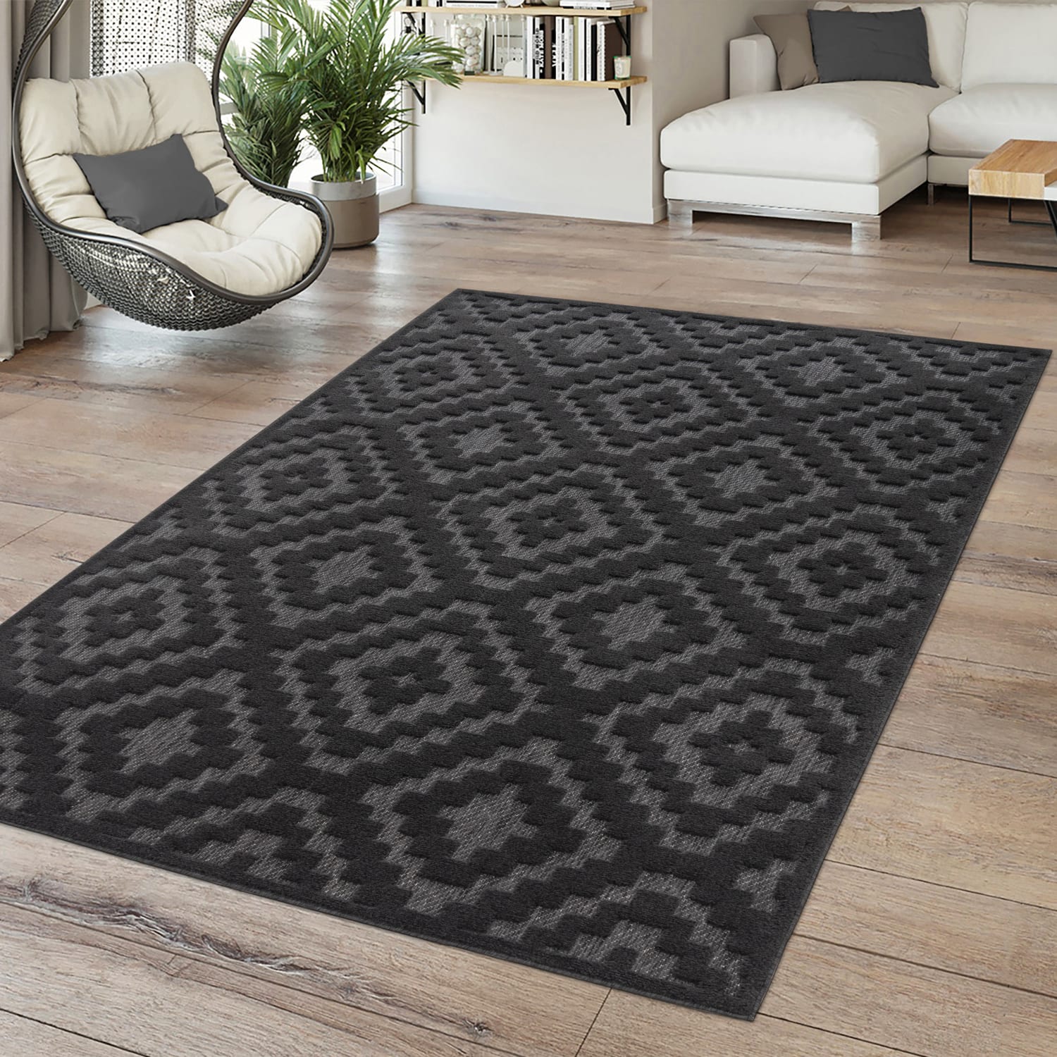 In-& Outdoor Teppich Esszimmer Wetterfest Balkon Skandi Ethno Design Geometrisch 80 Cm X 150 Cm X 14 Mm Anthrazit Rechteckig