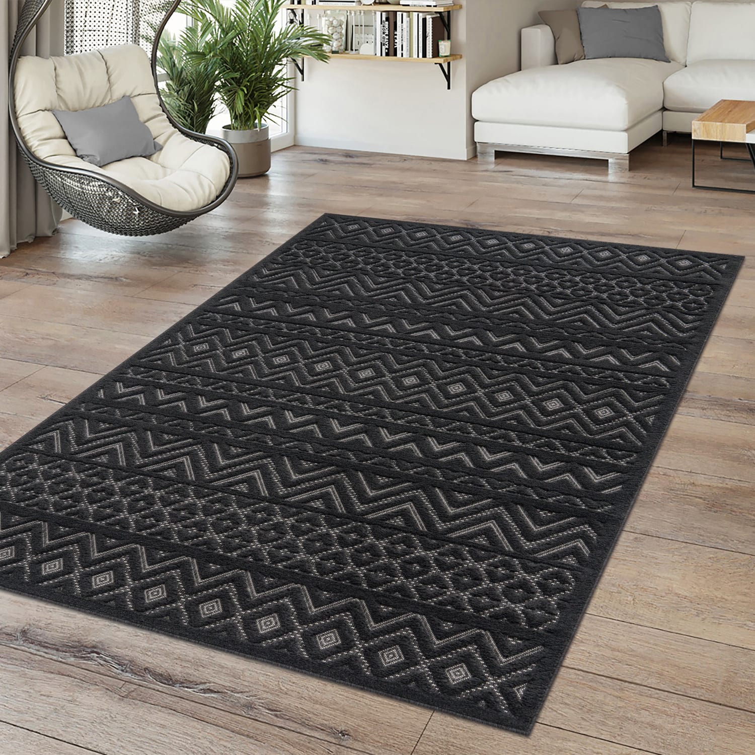 In-& Outdoor Teppich Esszimmer Wetterfest Balkon Unifarben 3d Boho Skandi Design 80 Cm X 150 Cm X 14 Mm Anthrazit Rechteckig