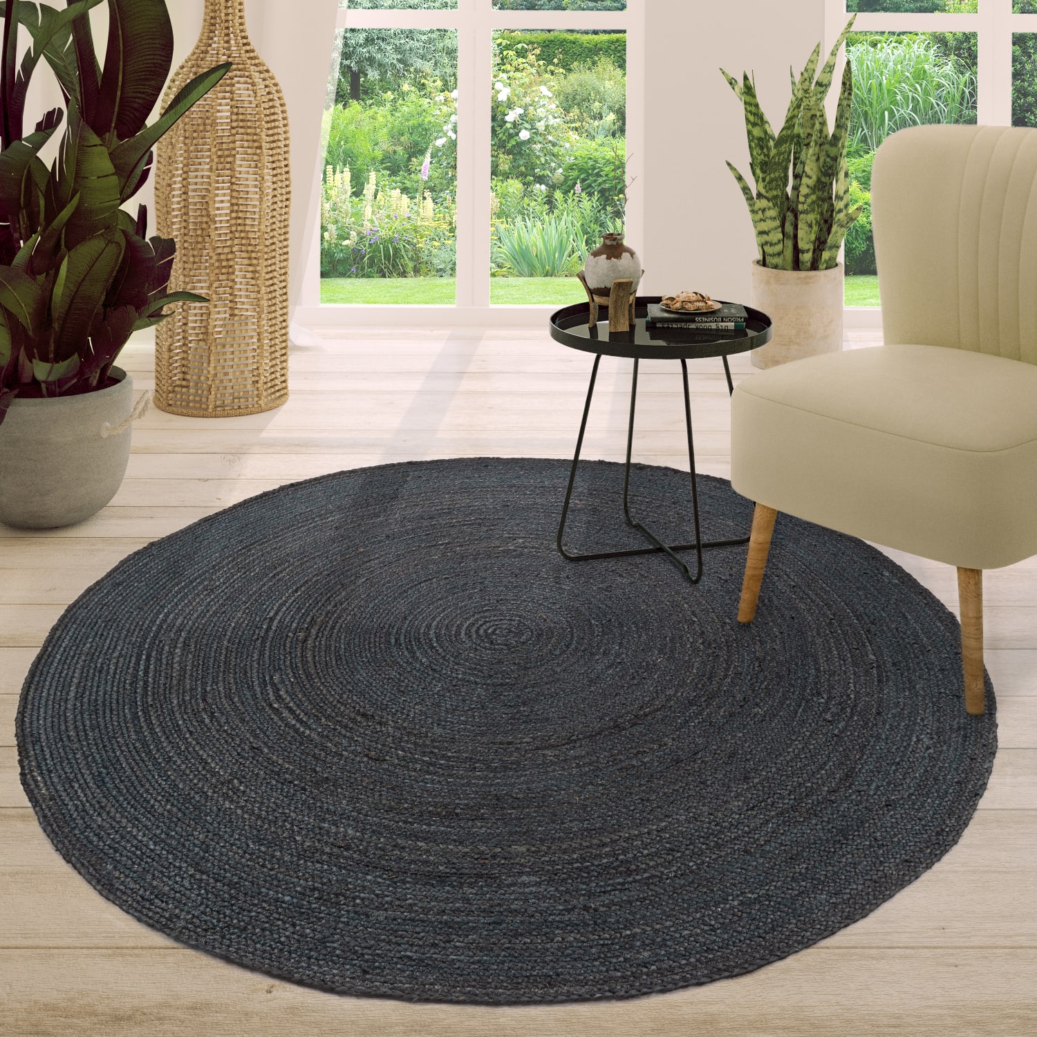 Wohnzimmer Teppich Rund Kurzflor Hangefertigt Modern Unifarben Cutout Design 80 Cm X 80 Cm X 9 Mm Anthrazit Rund