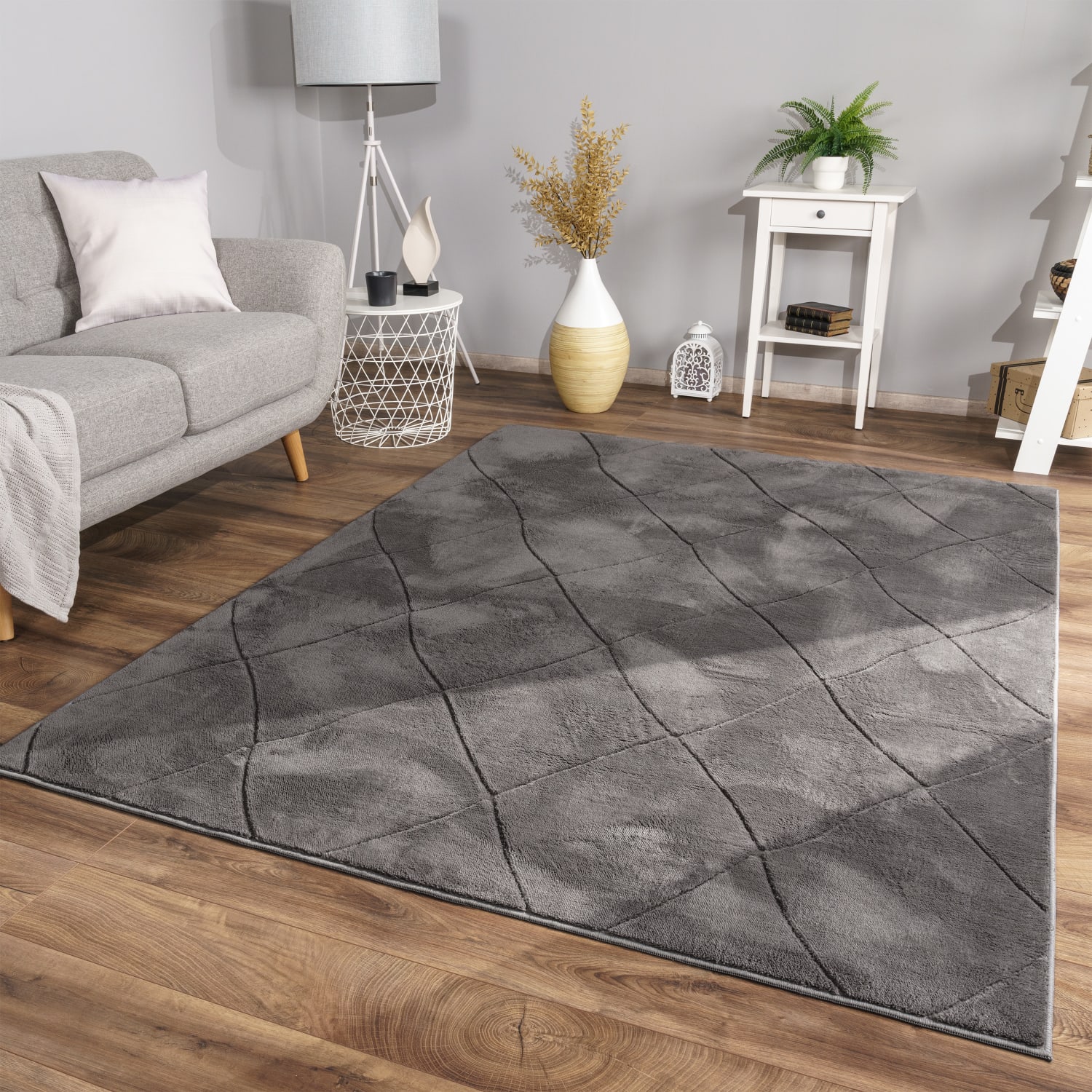 Wohnzimmer Teppich Esszimmer Kurzflor Skandinavisch 60 Cm X 100 Cm X 14 Mm Anthrazit Rechteckig