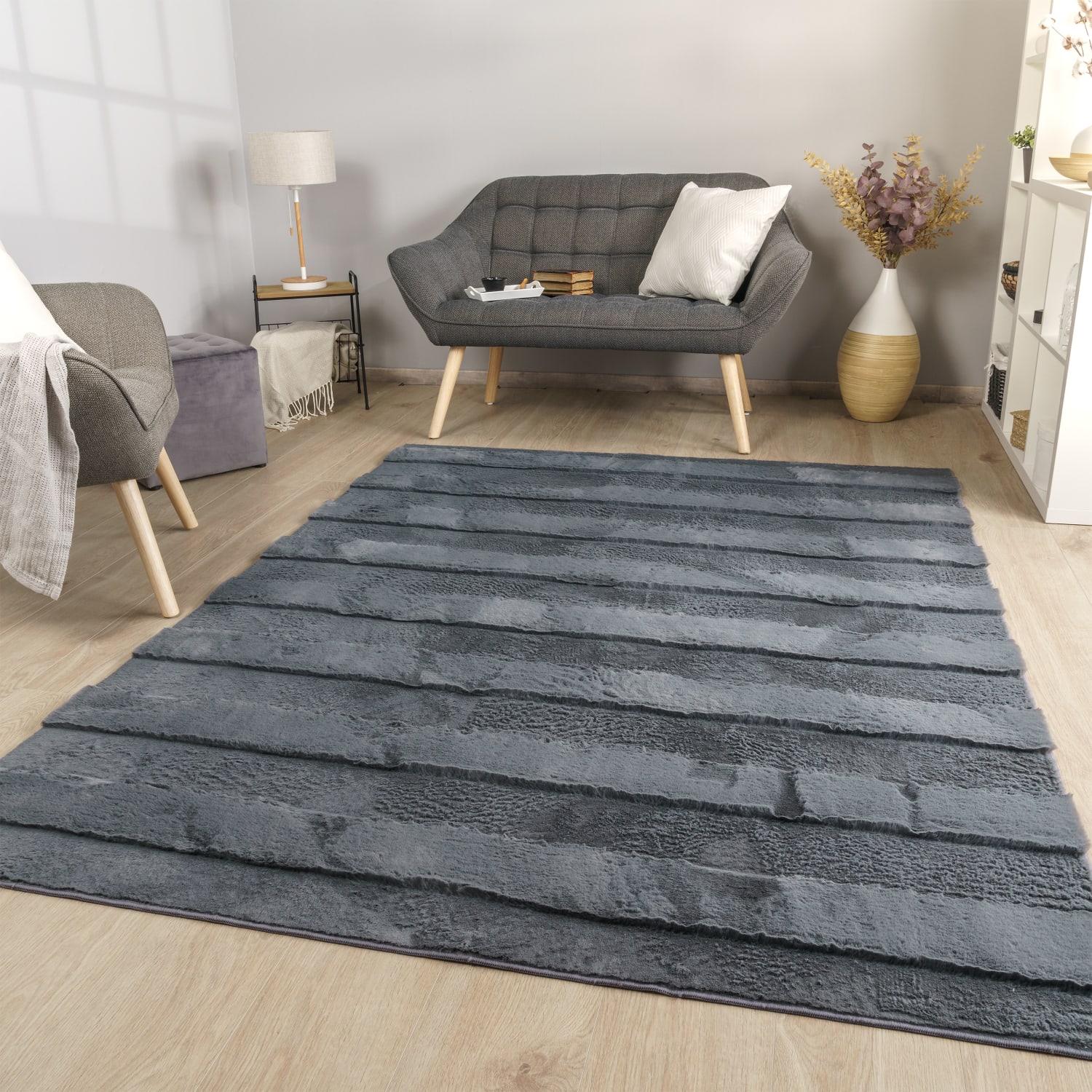 Wohnzimmer Teppich Esszimmer Langflor Streifen Design Boho Skandi Optik Uni 160 Cm X 220 Cm X 26 Mm Anthrazit Rechteckig