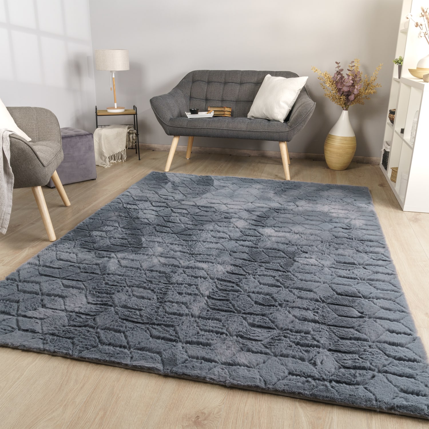 Wohnzimmer Teppich Esszimmer Langflor Geometrisches Design Skandi Moder 3d Uni 60 Cm X 100 Cm X 26 Mm Anthrazit Rechteckig