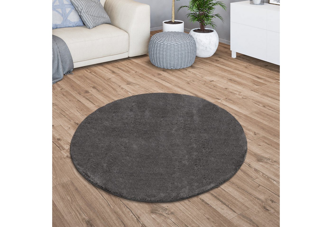 Wohnzimmer Kurzflor Einfarbig Modernes Design Waschbar 80 Cm X 80 Cm X 14 Mm Anthrazit Rund Bild 3