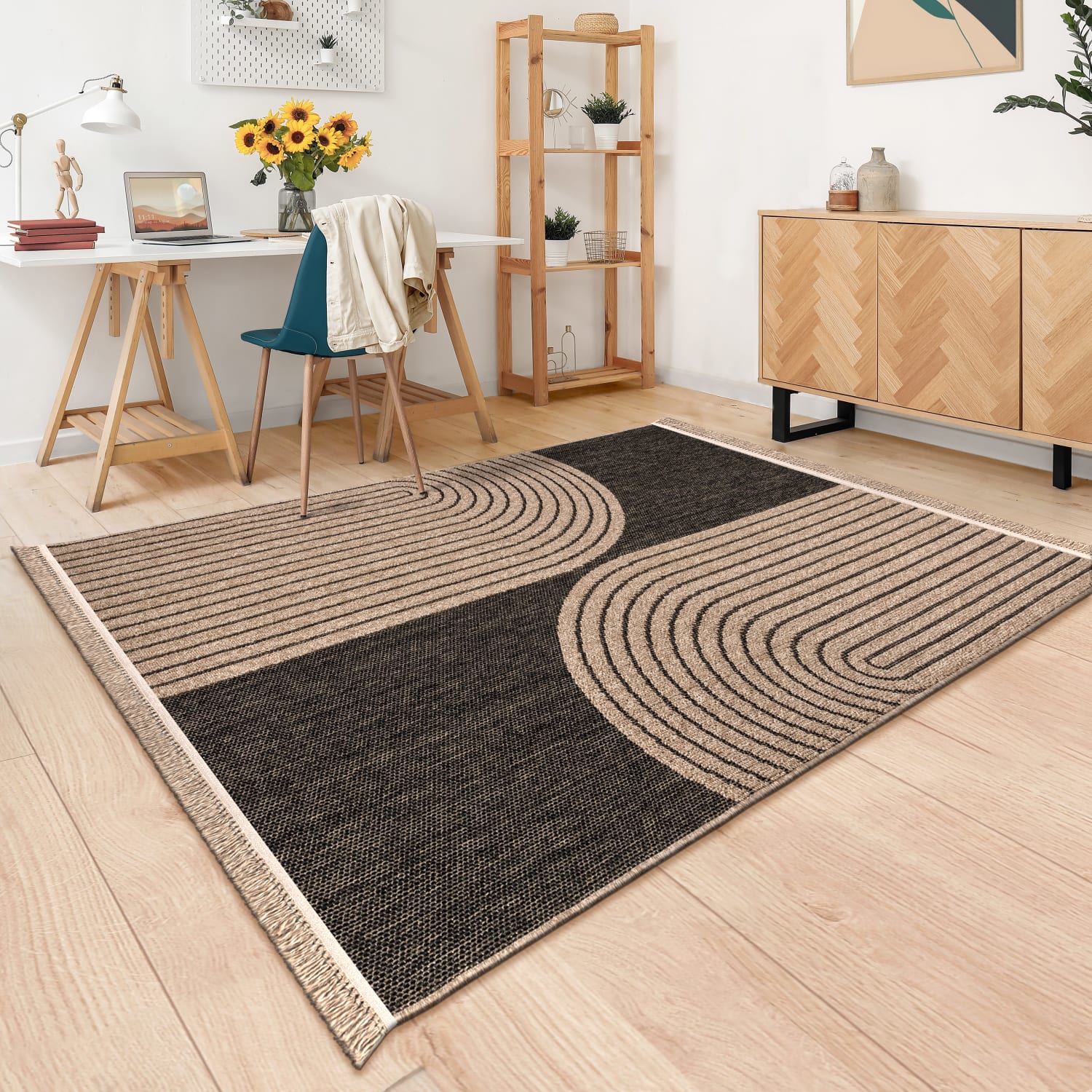 In-& Outdoor Teppich Wohnzimmer Wetterfest Balkon Boho Blattmotiv 3d Fransen 120 Cm X 160 Cm X 11 Mm Anthrazit Rechteckig