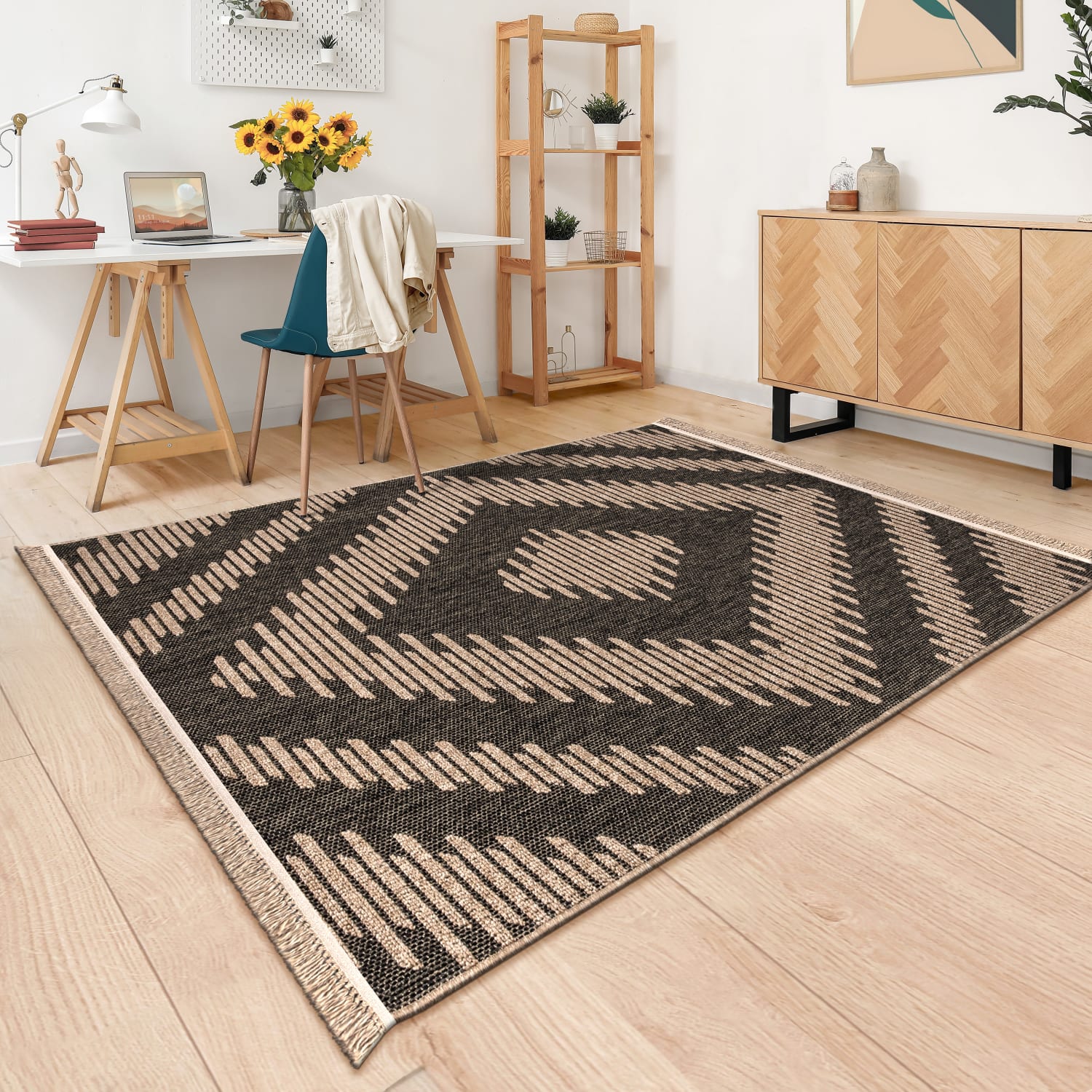 In-& Outdoor Teppich Wohnzimmer Wetterfest Balkon Boho Geo Motiv 3d Fransen 120 Cm X 160 Cm X 11 Mm Anthrazit Rechteckig
