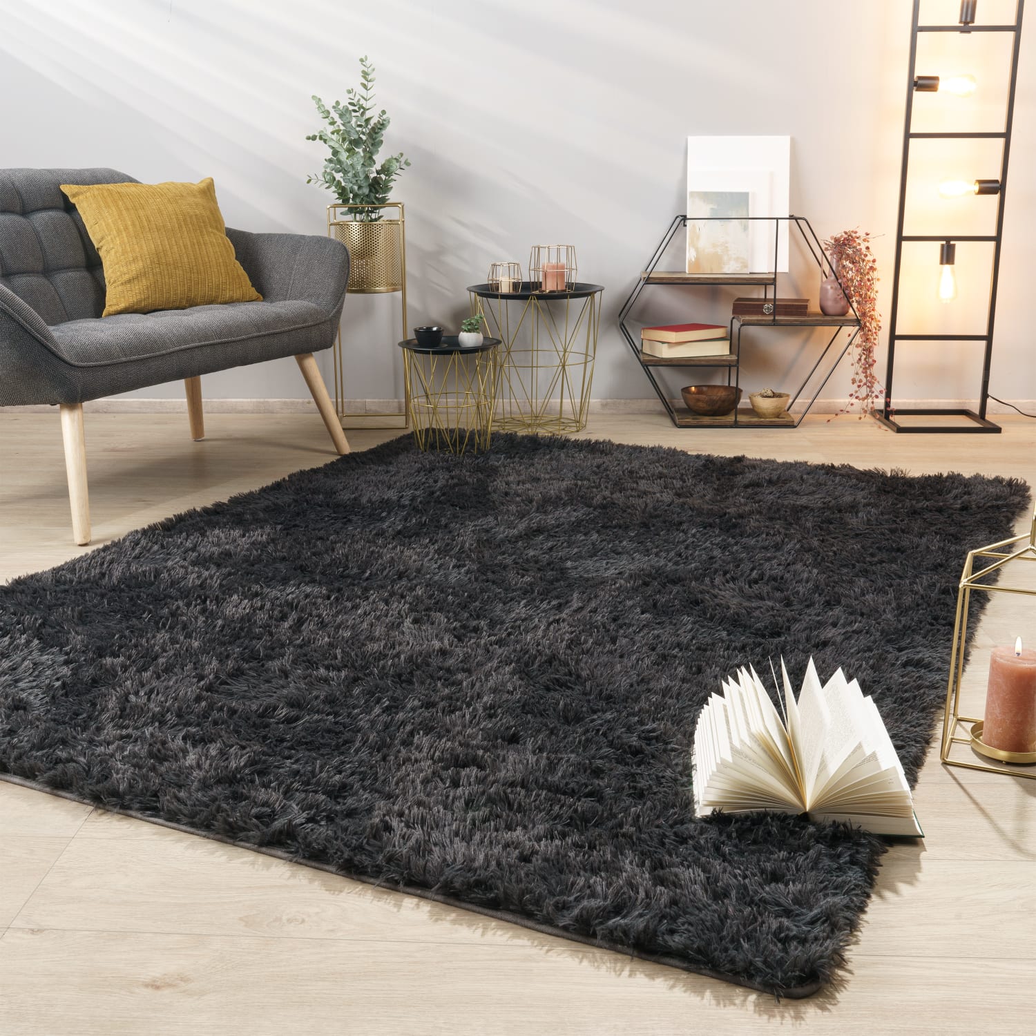 Teppich Wohnzimmer Hochflor Langflor Weich Soft Modernes Einfarbiges Design 80 Cm X 150 Cm X 37 Mm Anthrazit Rechteckig