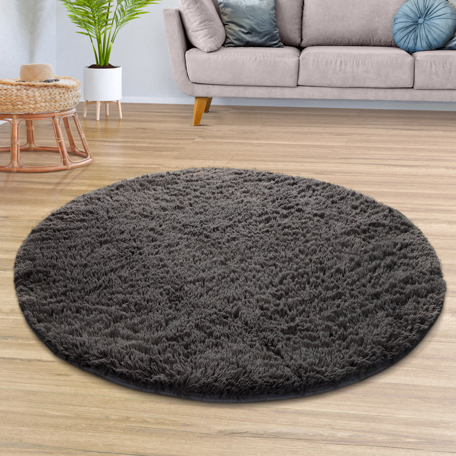 Teppich Wohnzimmer Hochflor Langflor Weich Soft Modernes Einfarbiges Design 80 Cm X 80 Cm X 37 Mm Anthrazit Rund