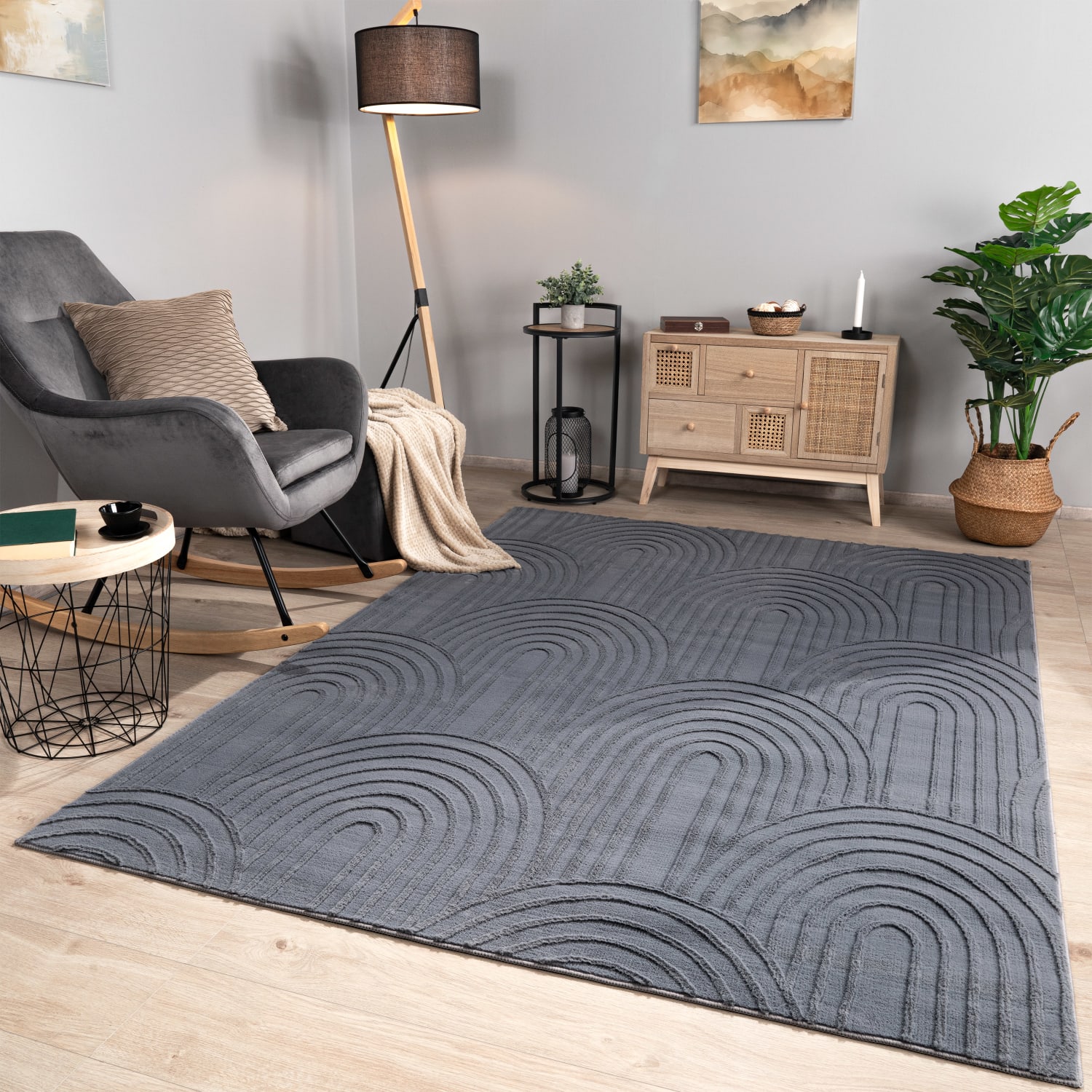 Wohnzimmer Teppich Esszimmer Kurzflor Geometrische Optik Skandi Boho Unifarben 80 Cm X 150 Cm X 14 Mm Anthrazit Rechteckig