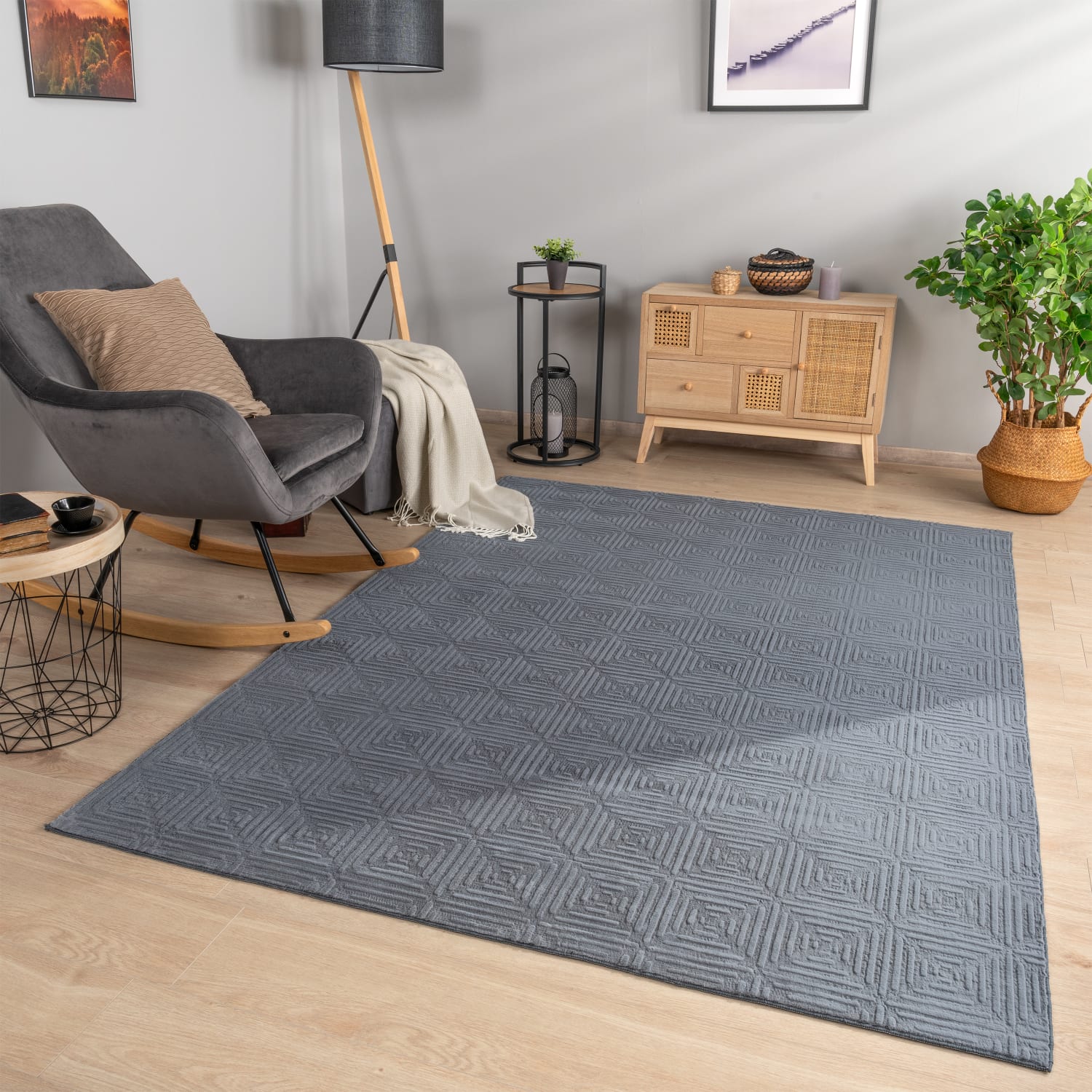 Wohnzimmer Teppich Esszimmer Kurzflor Geometrische Optik Skandi Boho Unifarben 60 Cm X 100 Cm X 14 Mm Anthrazit Rechteckig