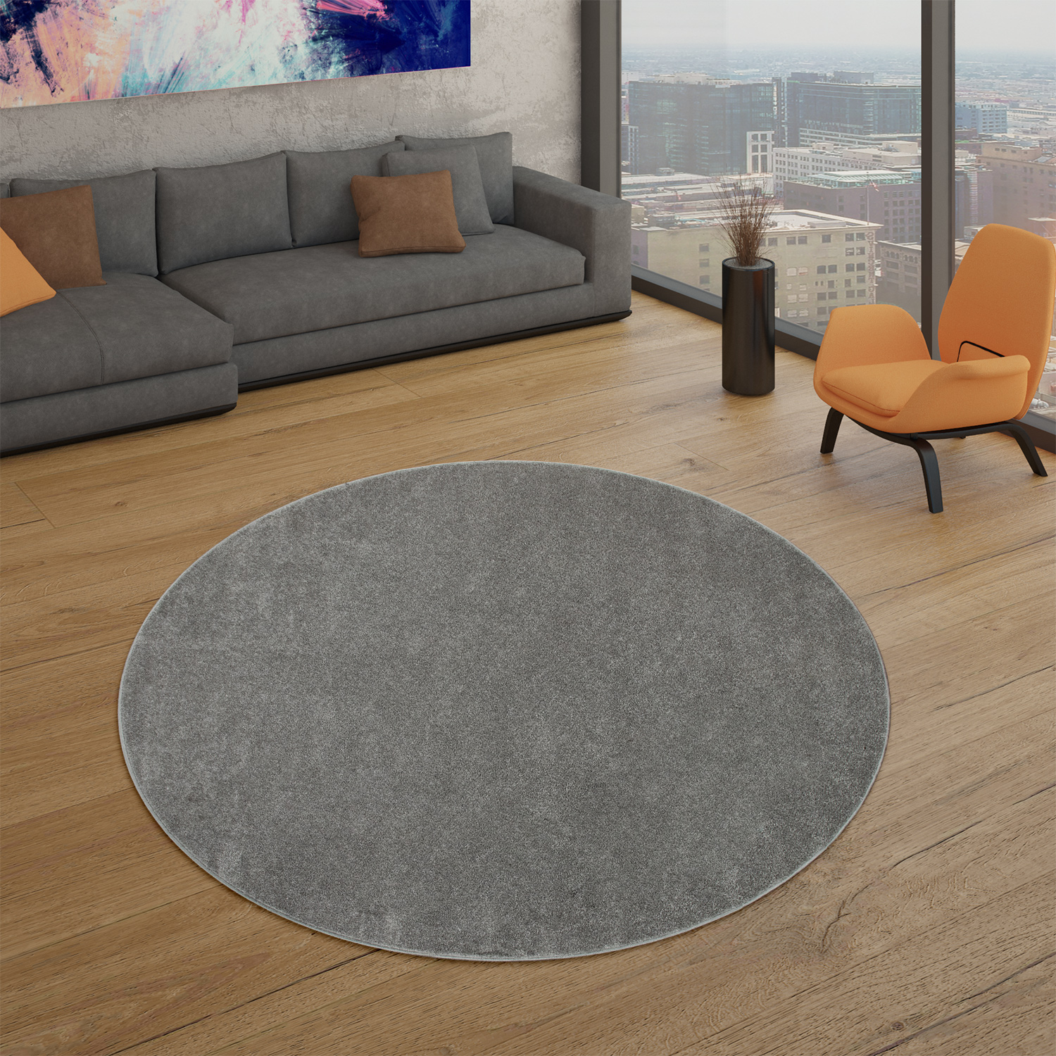 Wohnzimmer Teppich Kurflor Unifarbendes Design Modern Und Zeitlos 200 Cm X 200 Cm X 12 Mm Anthrazit Rund