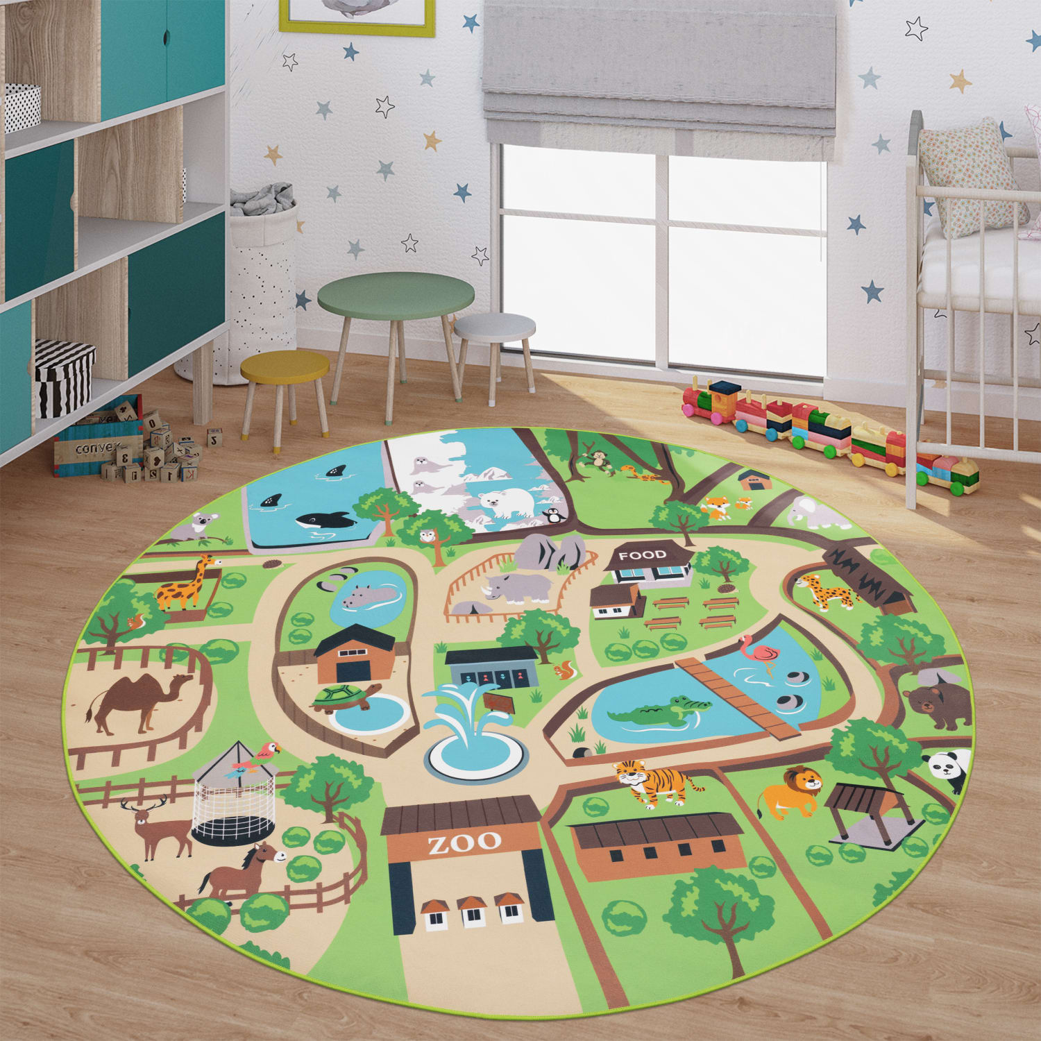 Kinderzimmerteppich Teppich Junge Mädchen Kinderteppich Baby Rutschfest Straße 160 Cm X 160 Cm Beige Rund