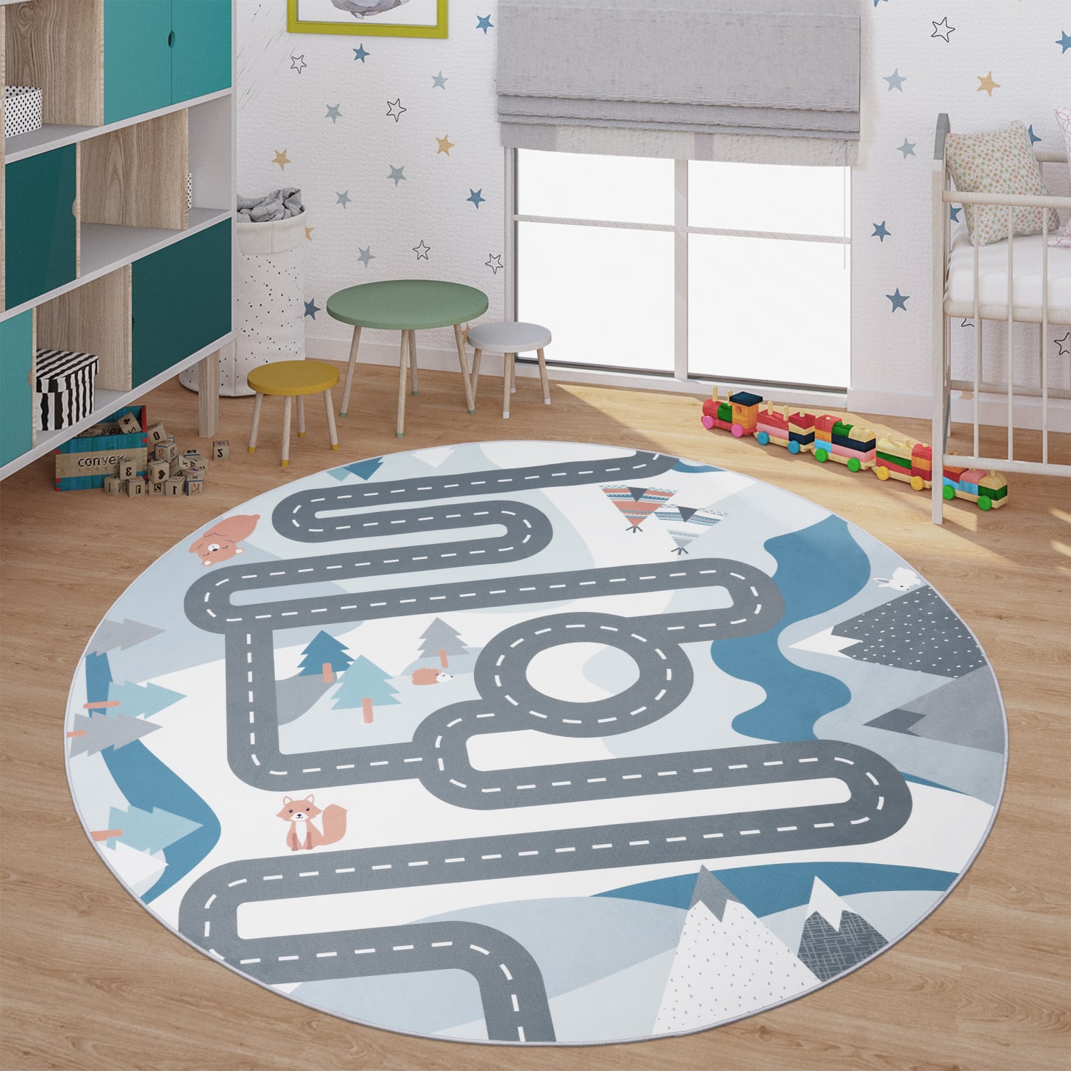 Kinderzimmerteppich Teppich Junge Mädchen Kinderteppich Baby Rutschfest Straße 200 Cm X 200 Cm Creme Rund