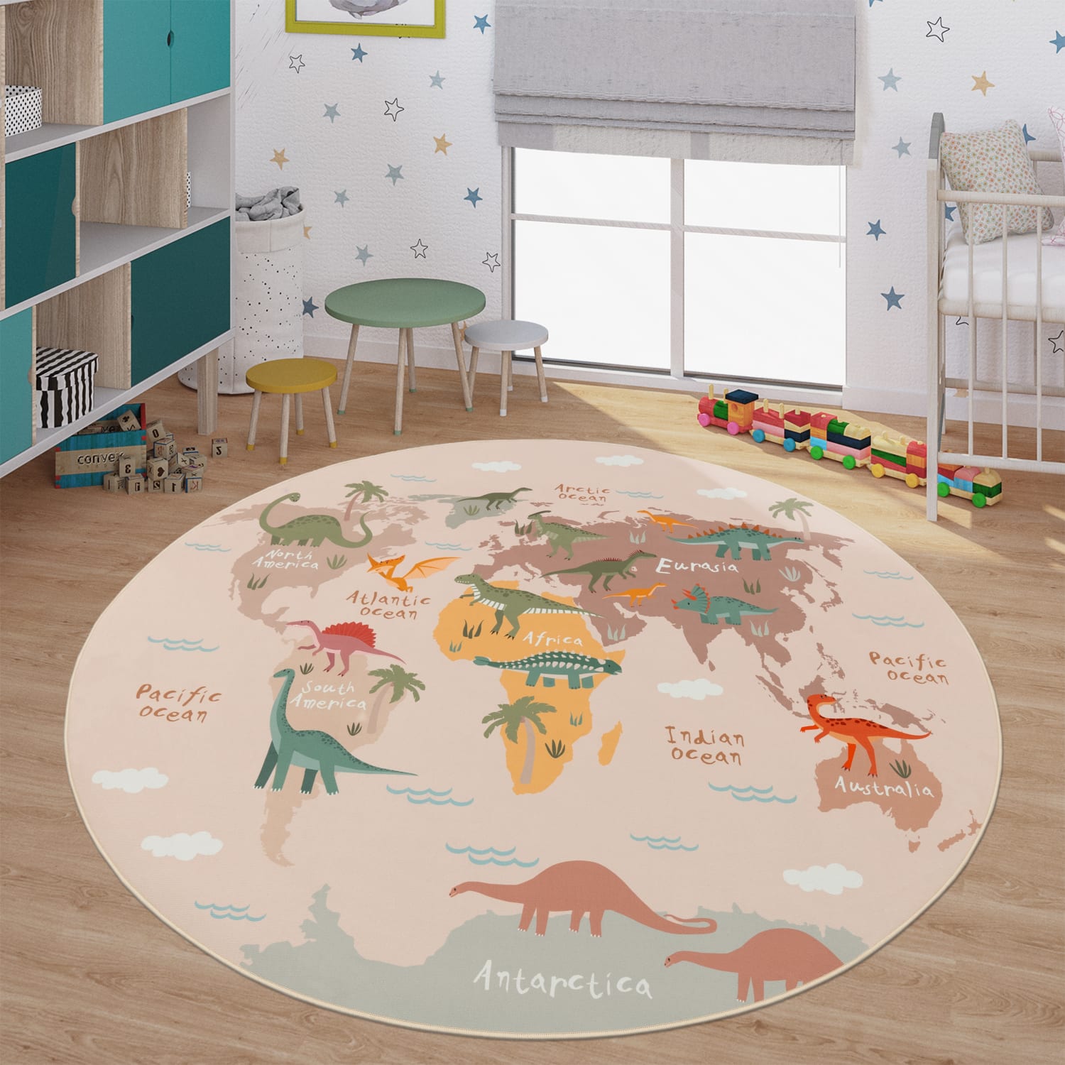 Kinderzimmerteppich Teppich Junge Mädchen Kinderteppich Rutschfest Dinos Erde 200 Cm X 200 Cm Beige Rund