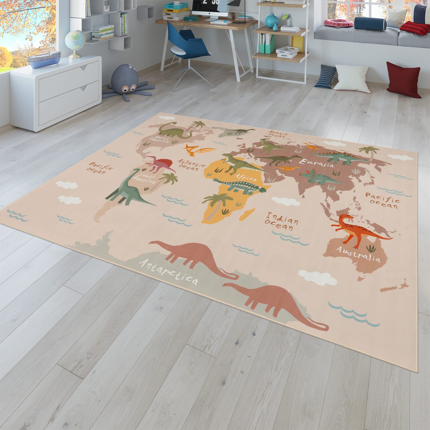 Kinderzimmerteppich Teppich Junge Mädchen Kinderteppich Rutschfest Dinos Erde 140 Cm X 200 Cm Beige Rechteckig