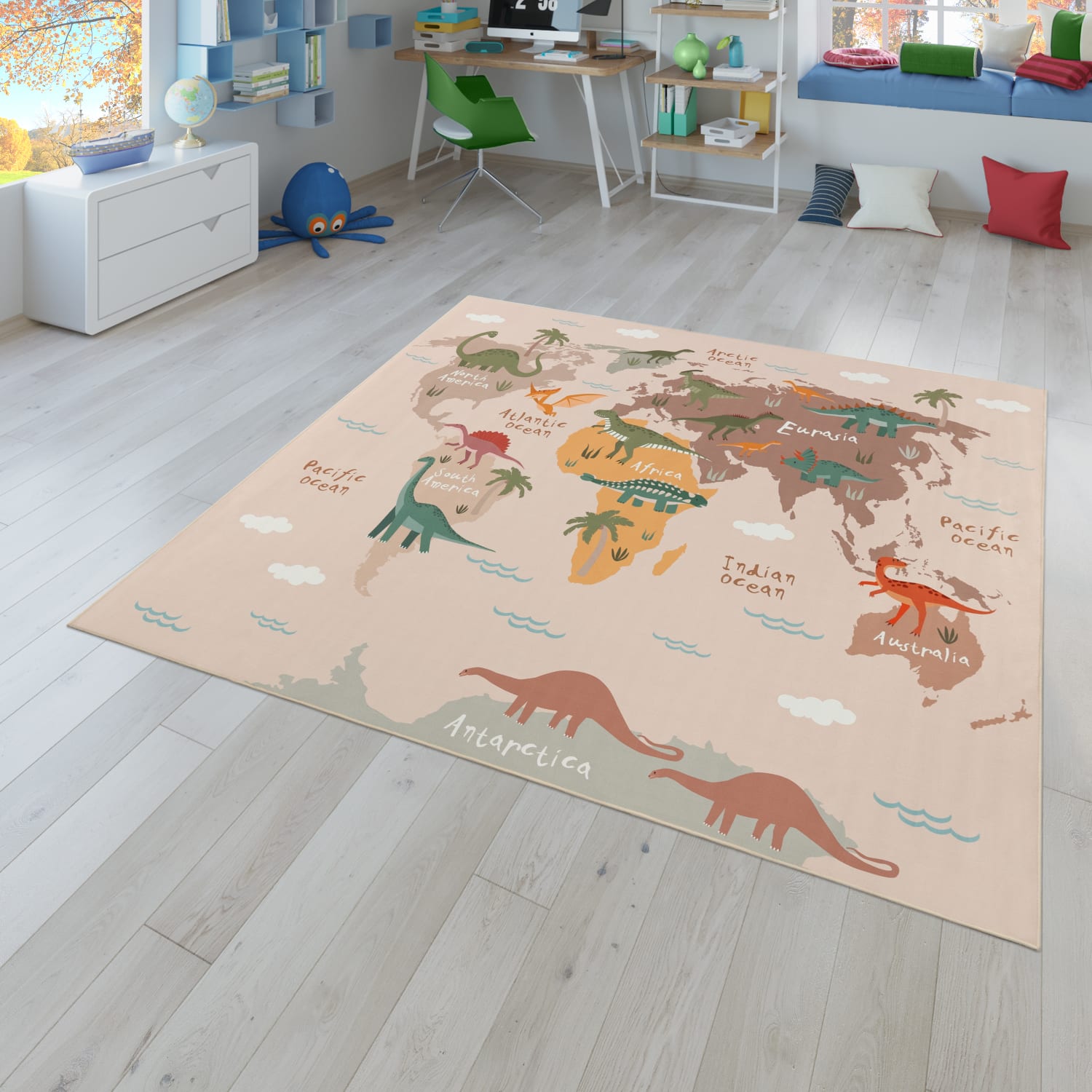 Kinderzimmerteppich Teppich Junge Mädchen Kinderteppich Rutschfest Dinos Erde 200 Cm X 200 Cm Beige Quadrat